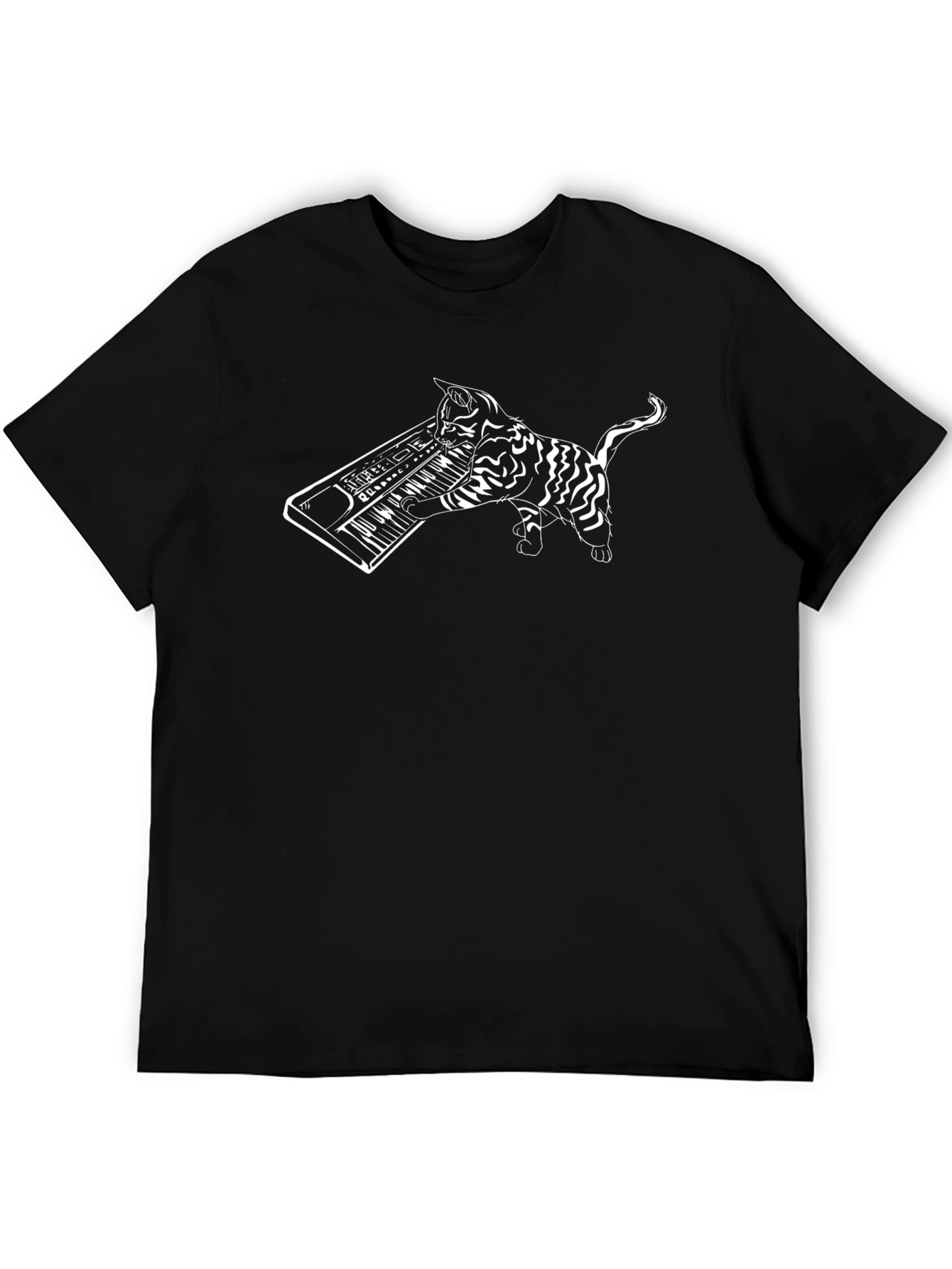 Cat Playing Piano Black T-Shirt