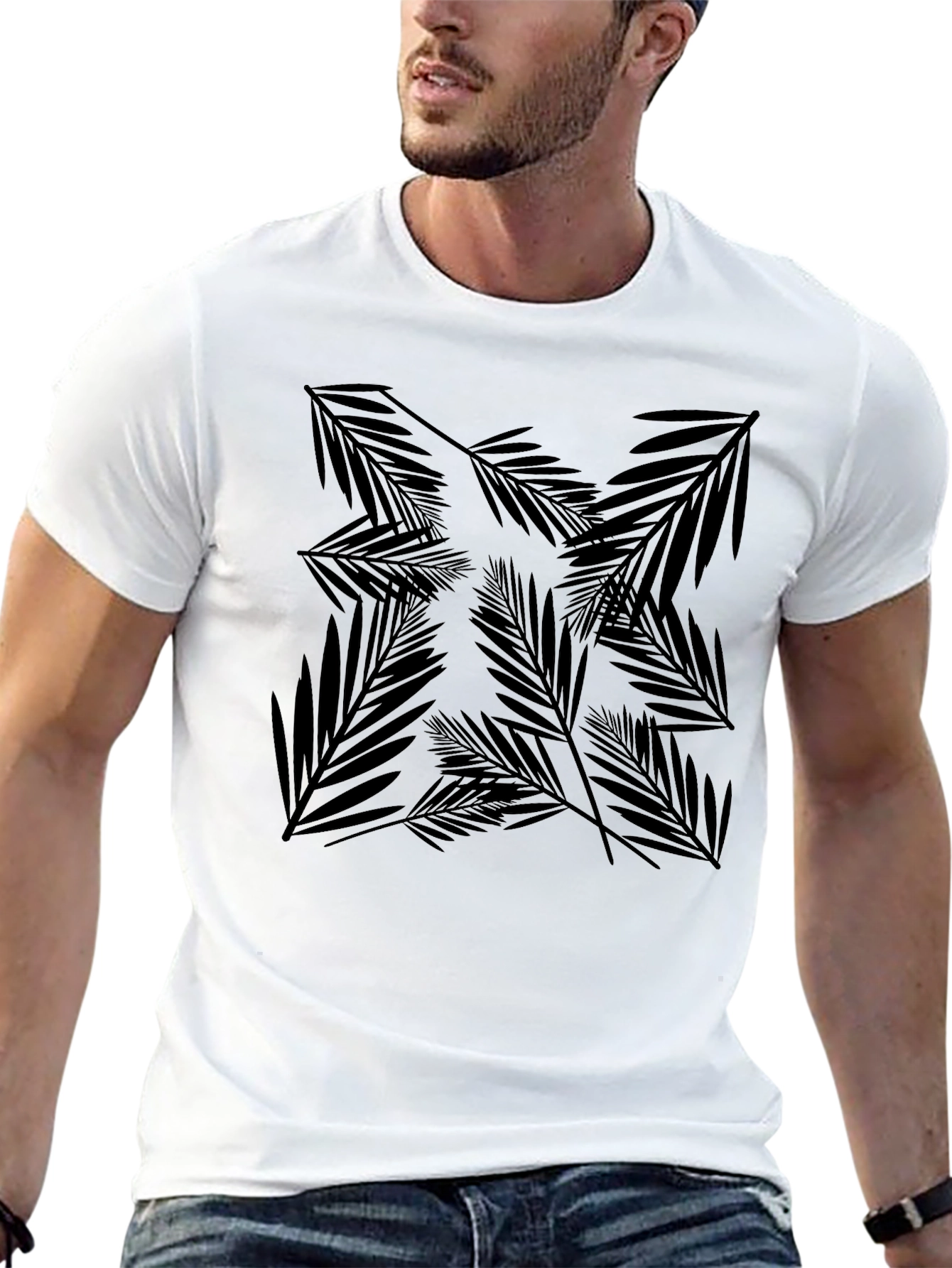 Black Palm Leaf Pattern T-Shirt
