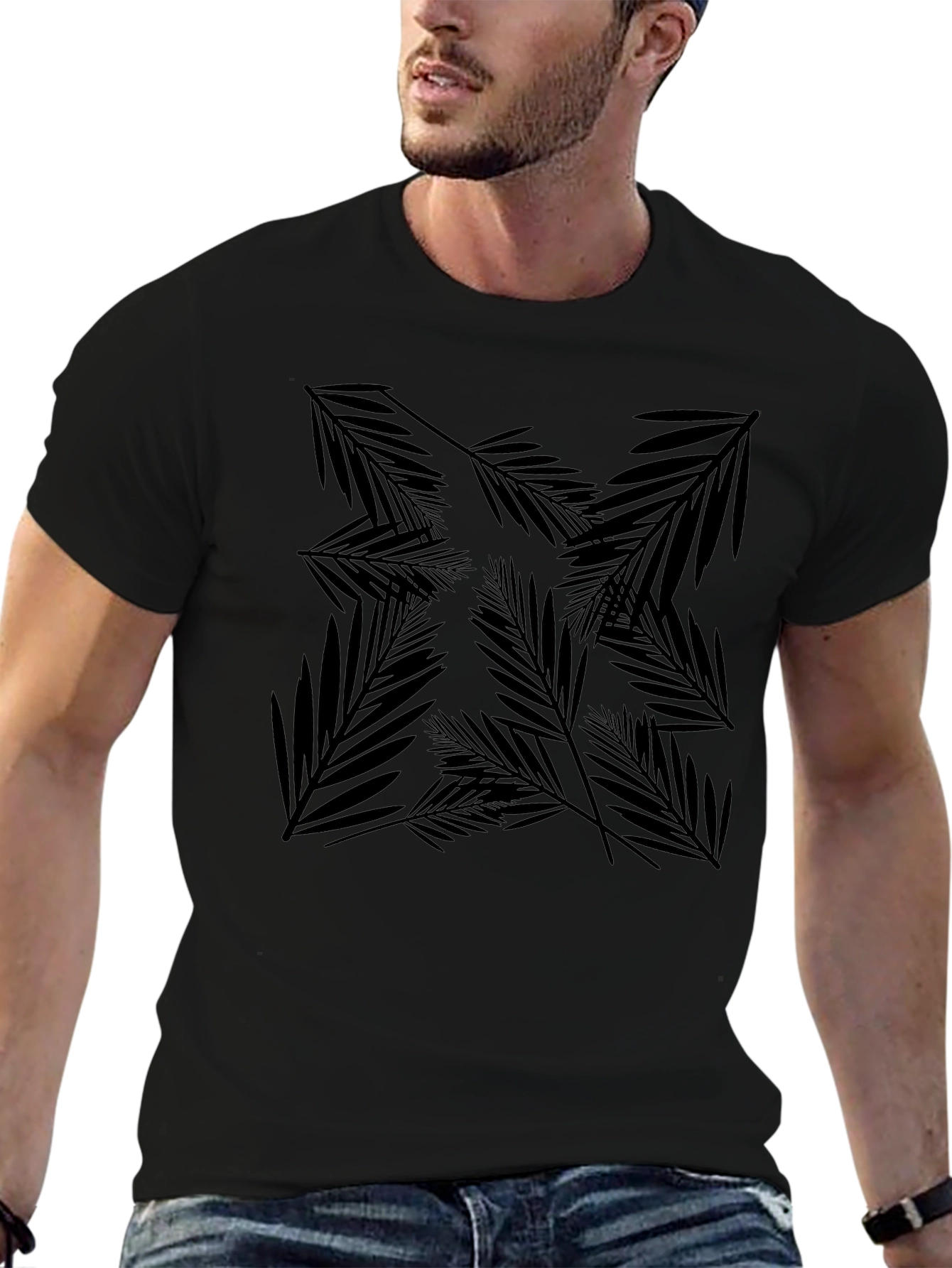 Black Palm Leaf Pattern T-Shirt