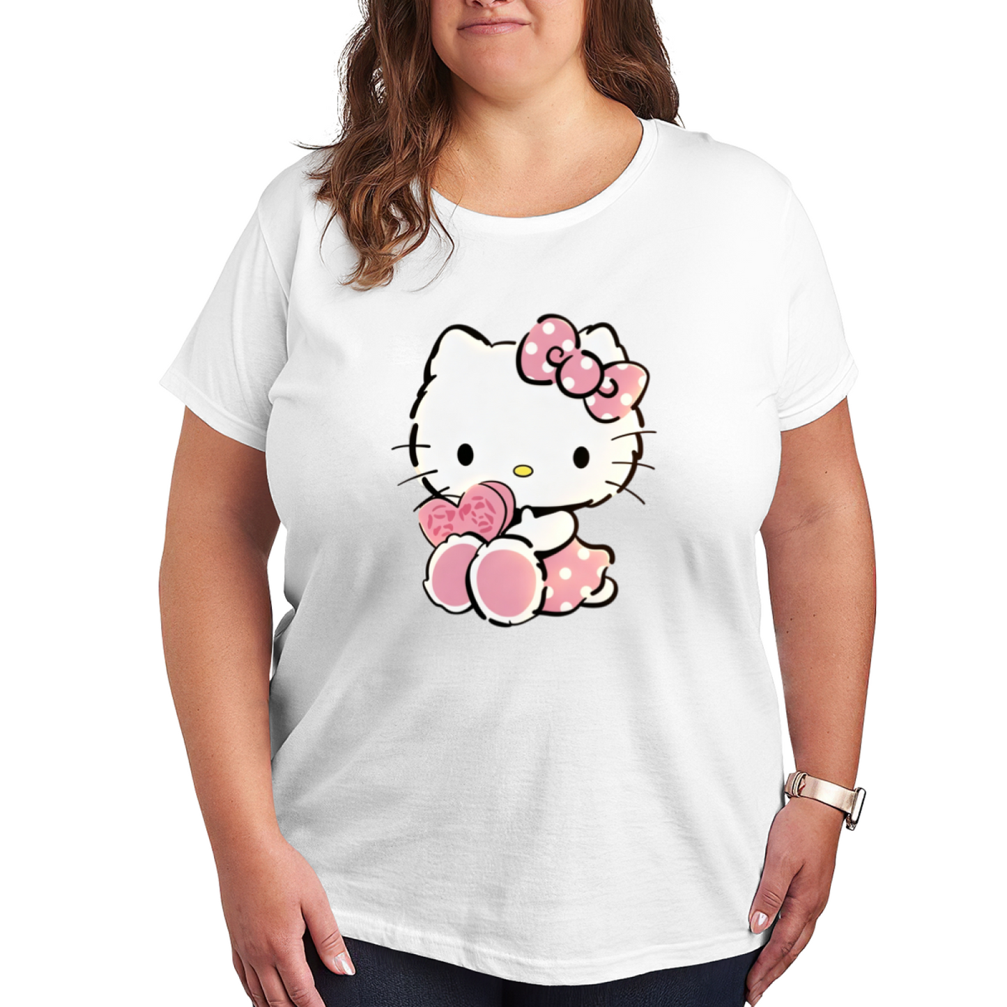 Lovely Hello Kitty Pink Heart Bow Plus Size Women Short Sleeve Tee