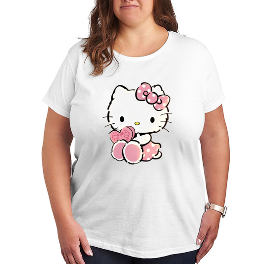 Lovely Hello Kitty Pink Heart Bow Plus Size Women Short Sleeve Tee