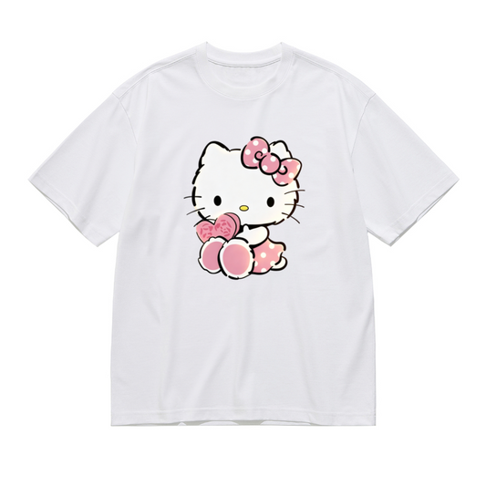 Lovely Hello Kitty Pink Heart Bow Plus Size Women Short Sleeve Tee