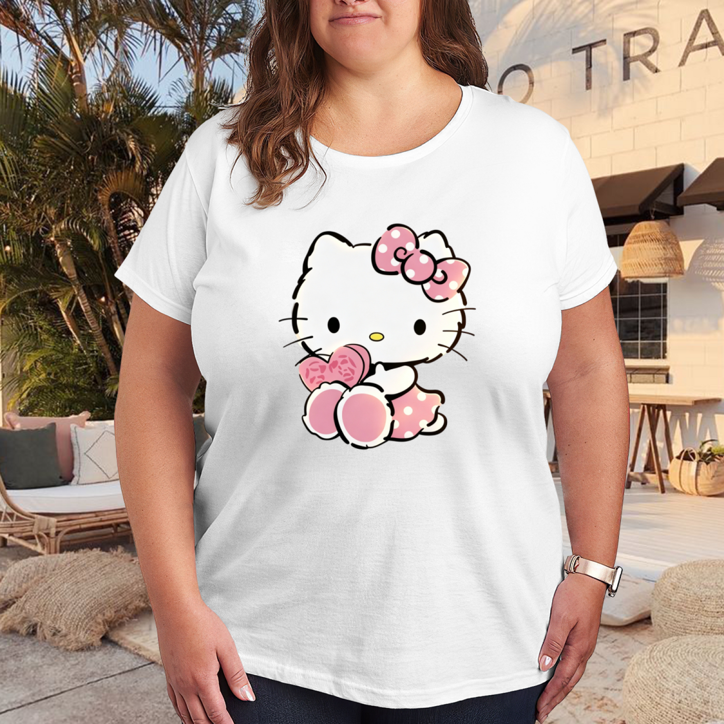 Lovely Hello Kitty Pink Heart Bow Plus Size Women Short Sleeve Tee