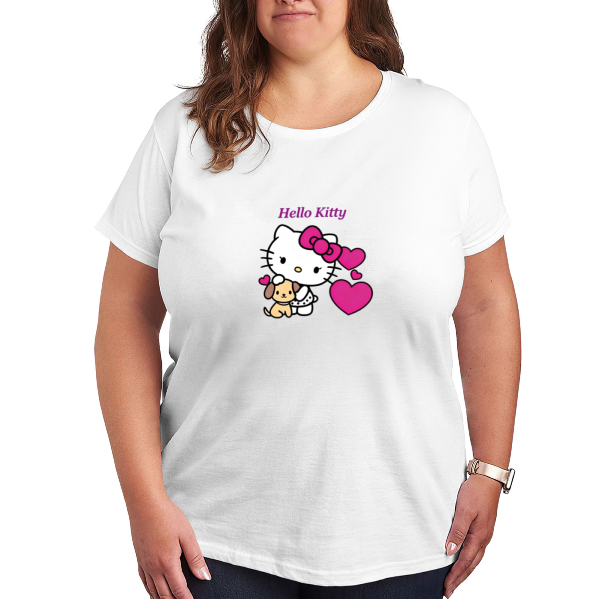 Plus Size Women Sweet Hello Kitty Puppy & Heart Pattern Casual Tee