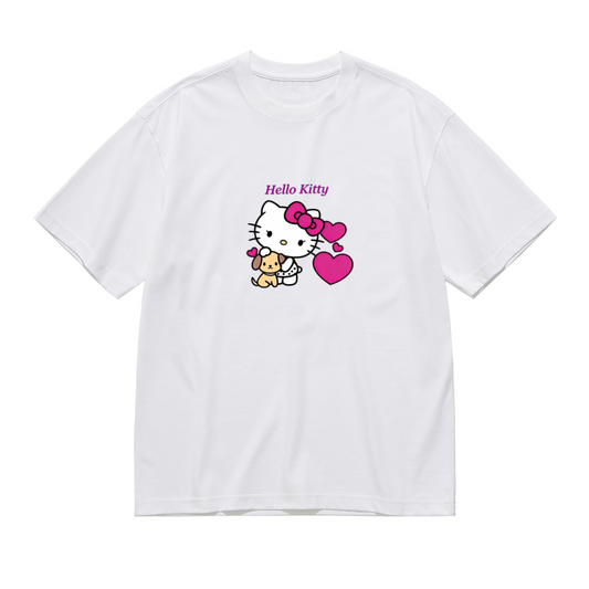 Plus Size Women Sweet Hello Kitty Puppy & Heart Pattern Casual Tee