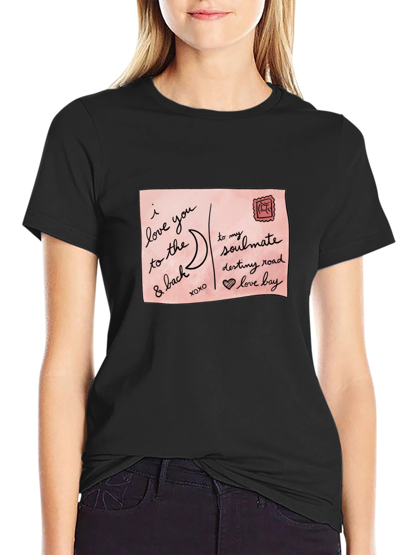 Romantic Postcard Graphic Black T-Shirt