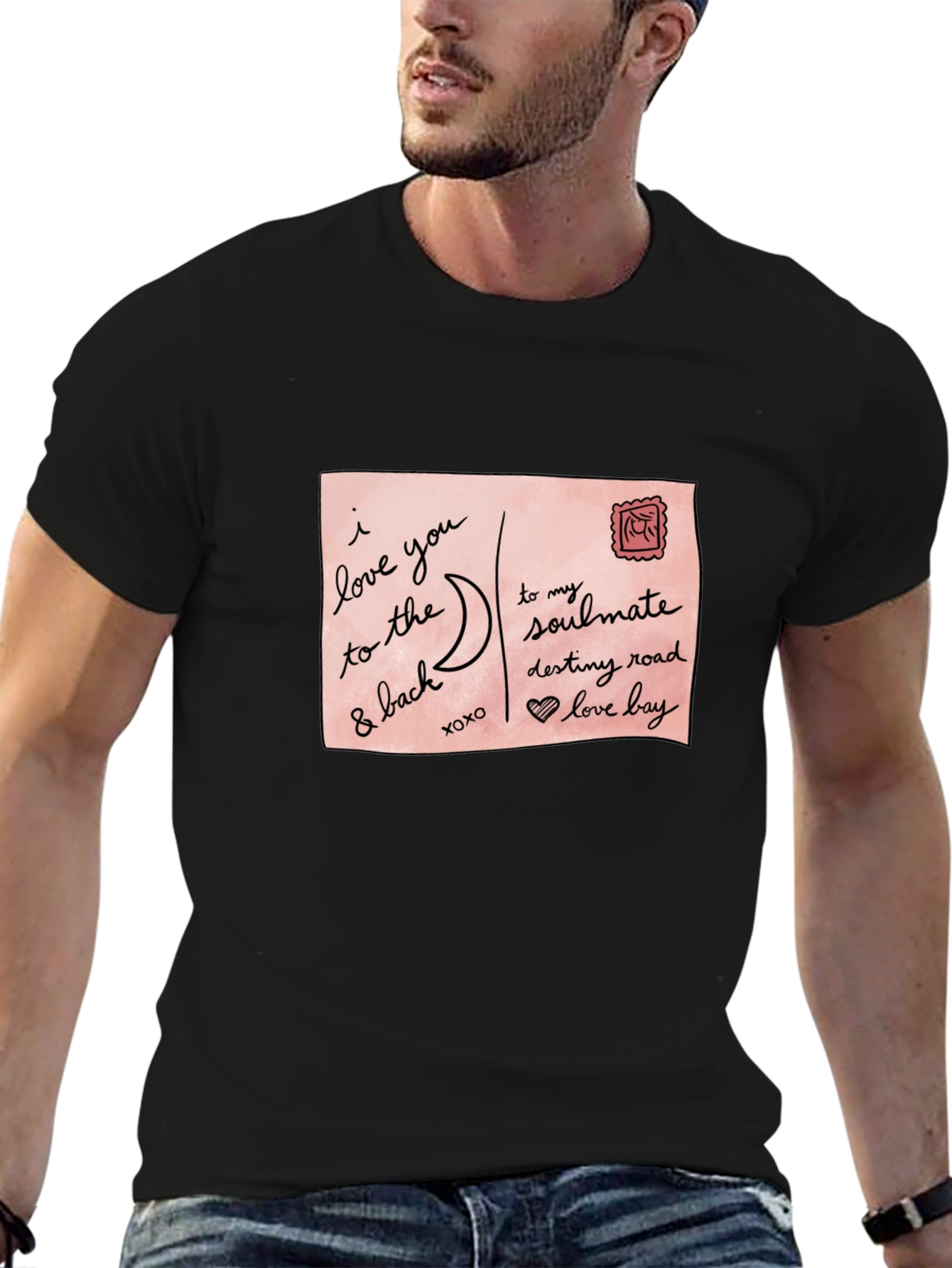 Romantic Postcard Graphic Black T-Shirt