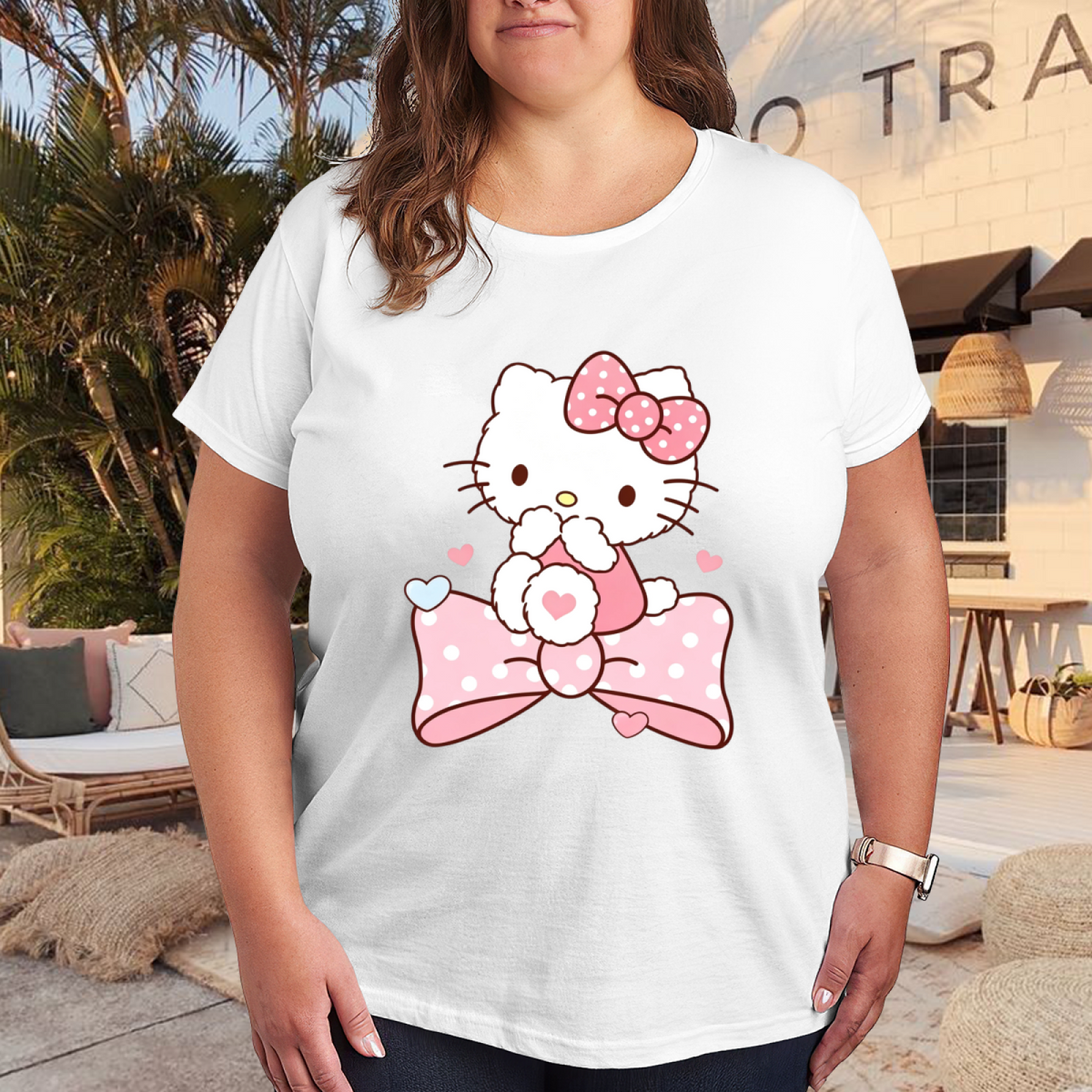 Fluffy Big Bow Hello Kitty Sweet Heart Plus Size Ladies Tee