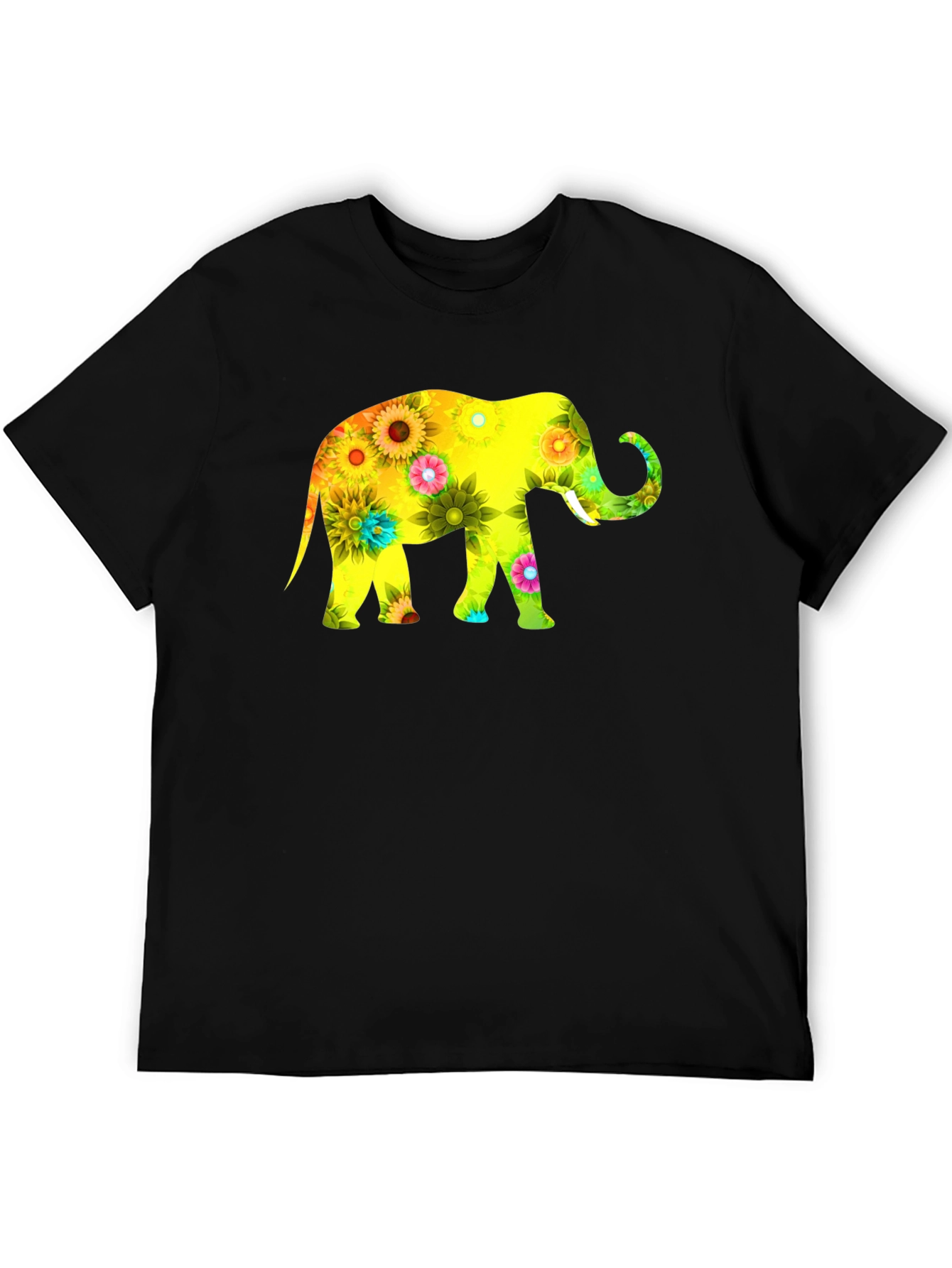 Floral Elephant Print Black T-Shirt