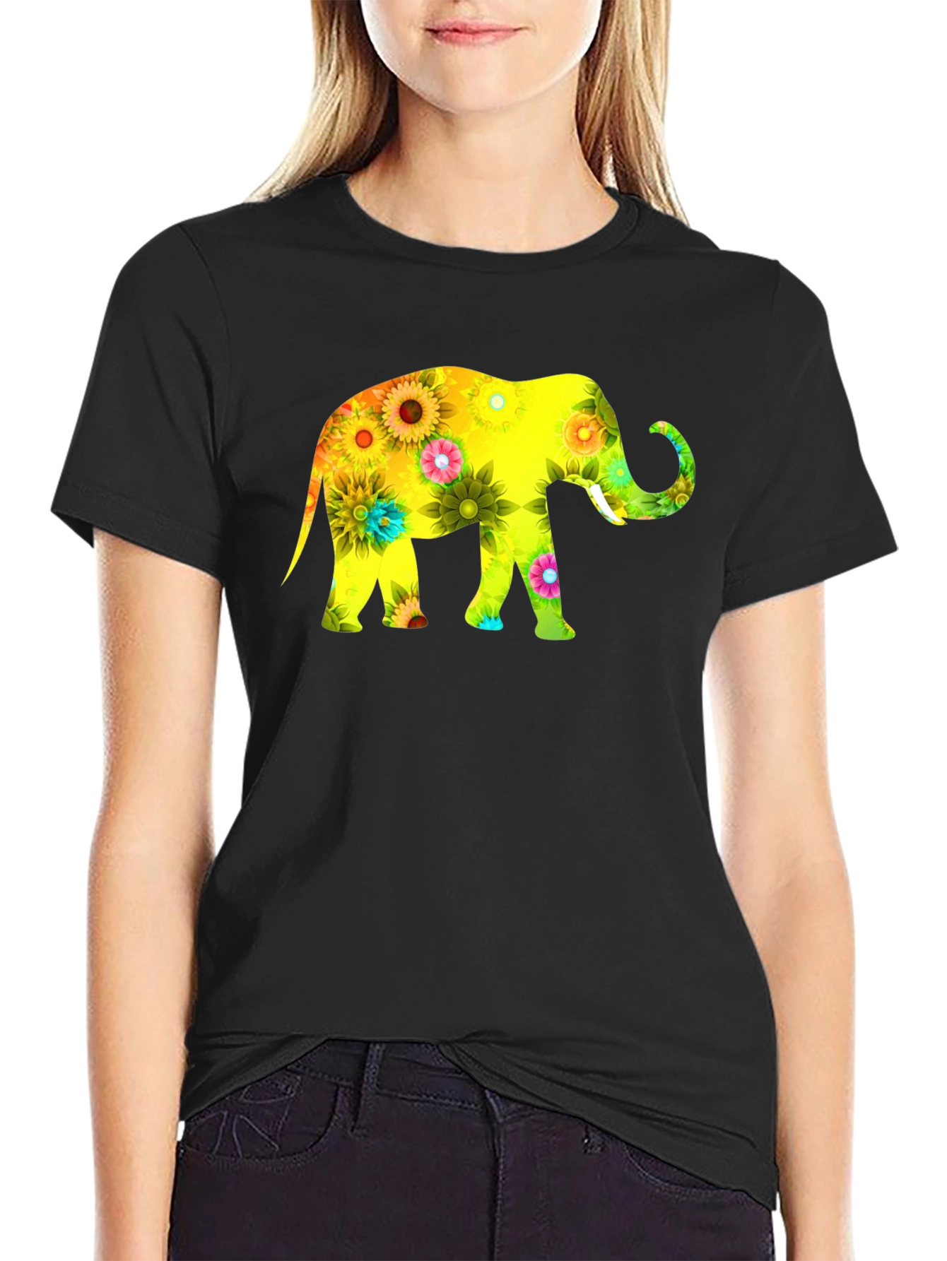 Floral Elephant Print Black T-Shirt