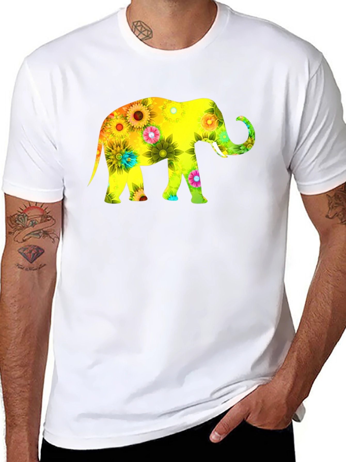 Floral Elephant Print Black T-Shirt