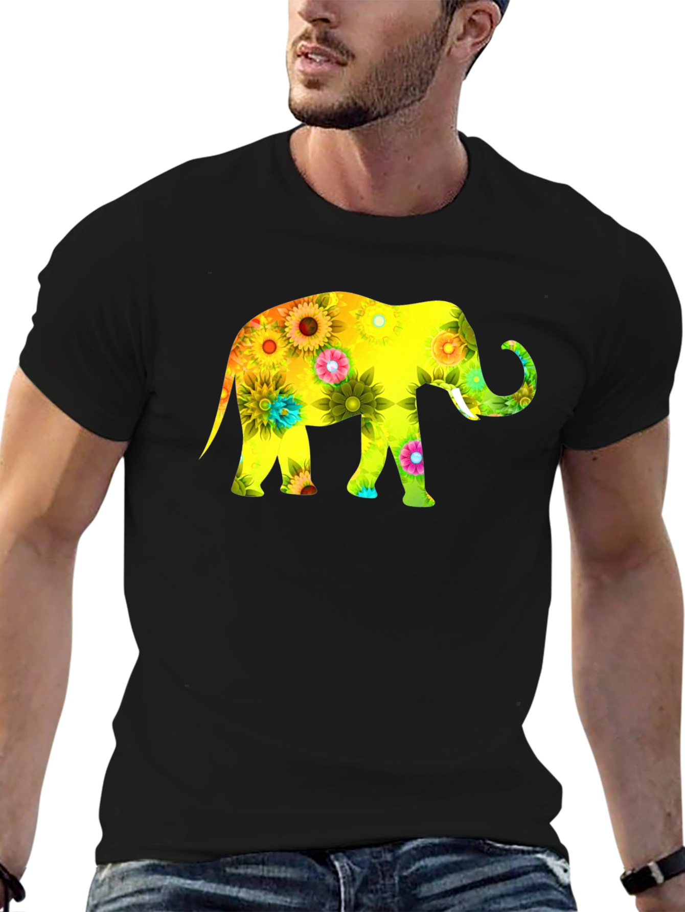 Floral Elephant Print Black T-Shirt
