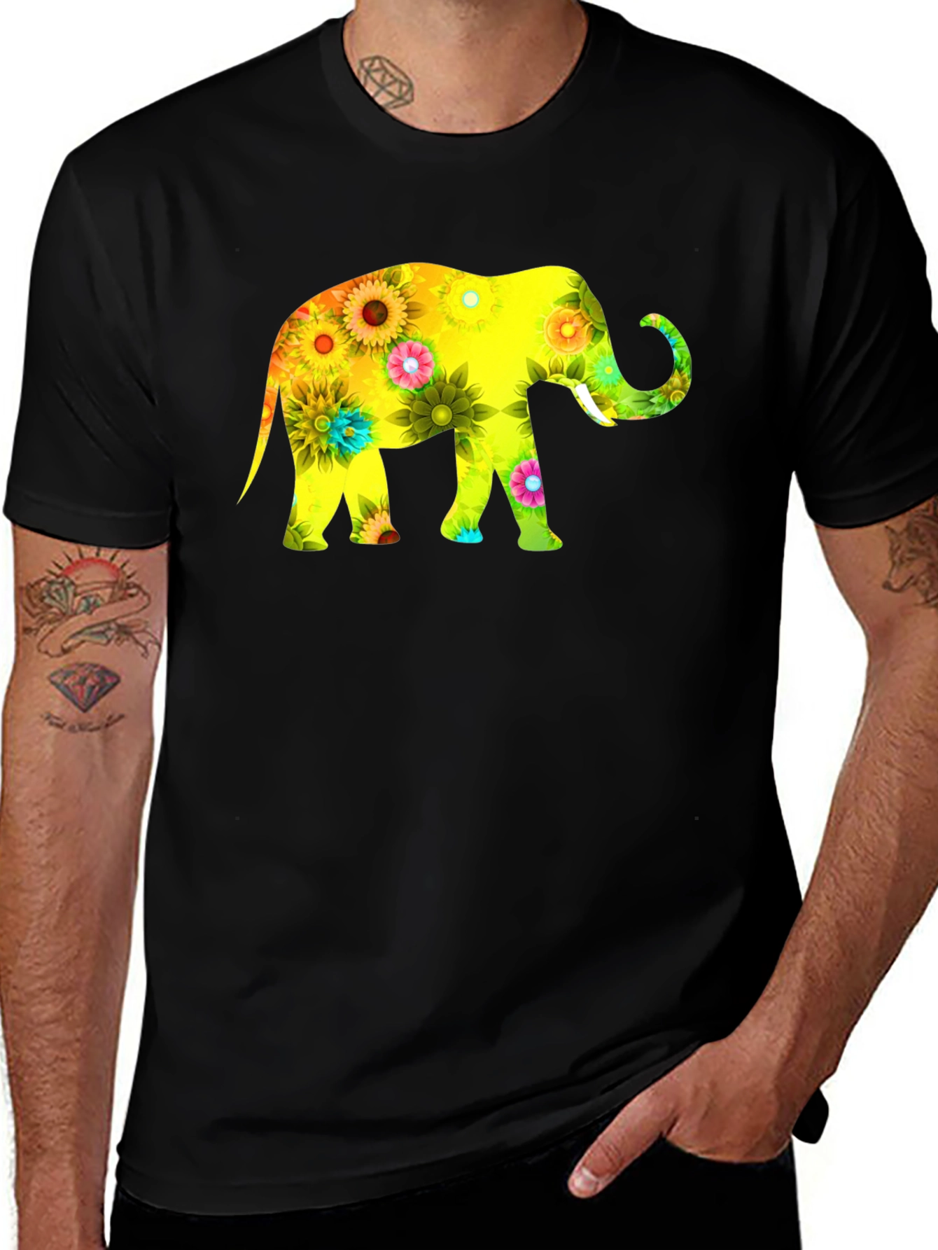Floral Elephant Print Black T-Shirt