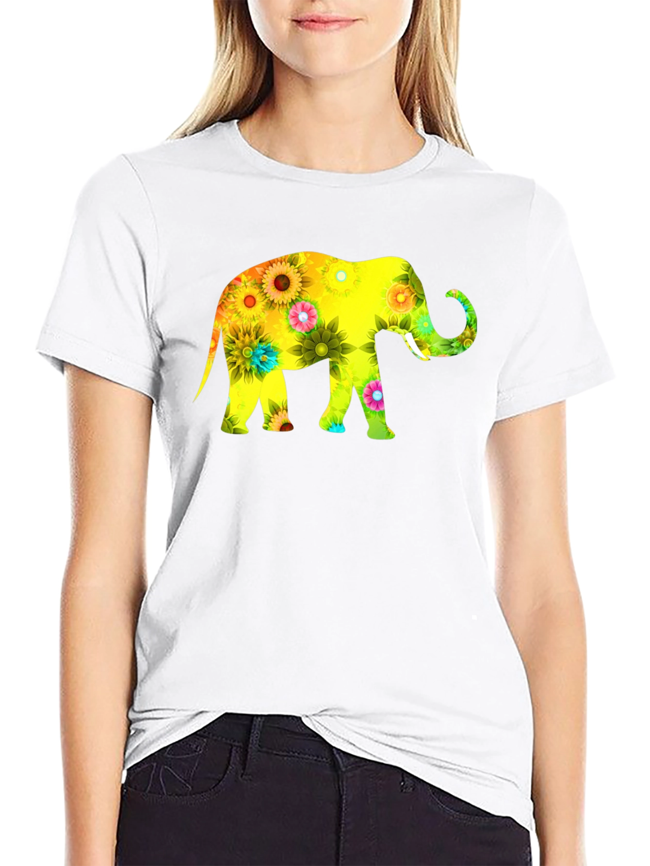 Floral Elephant Print Black T-Shirt