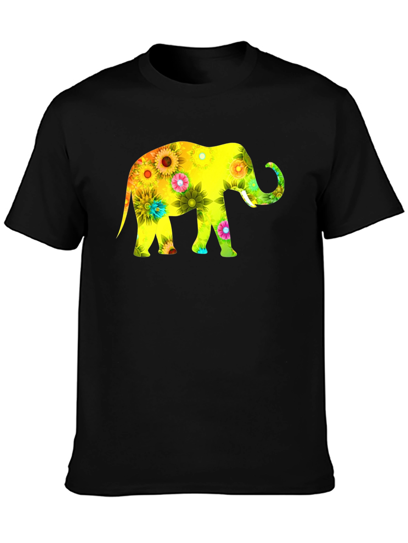 Floral Elephant Print Black T-Shirt
