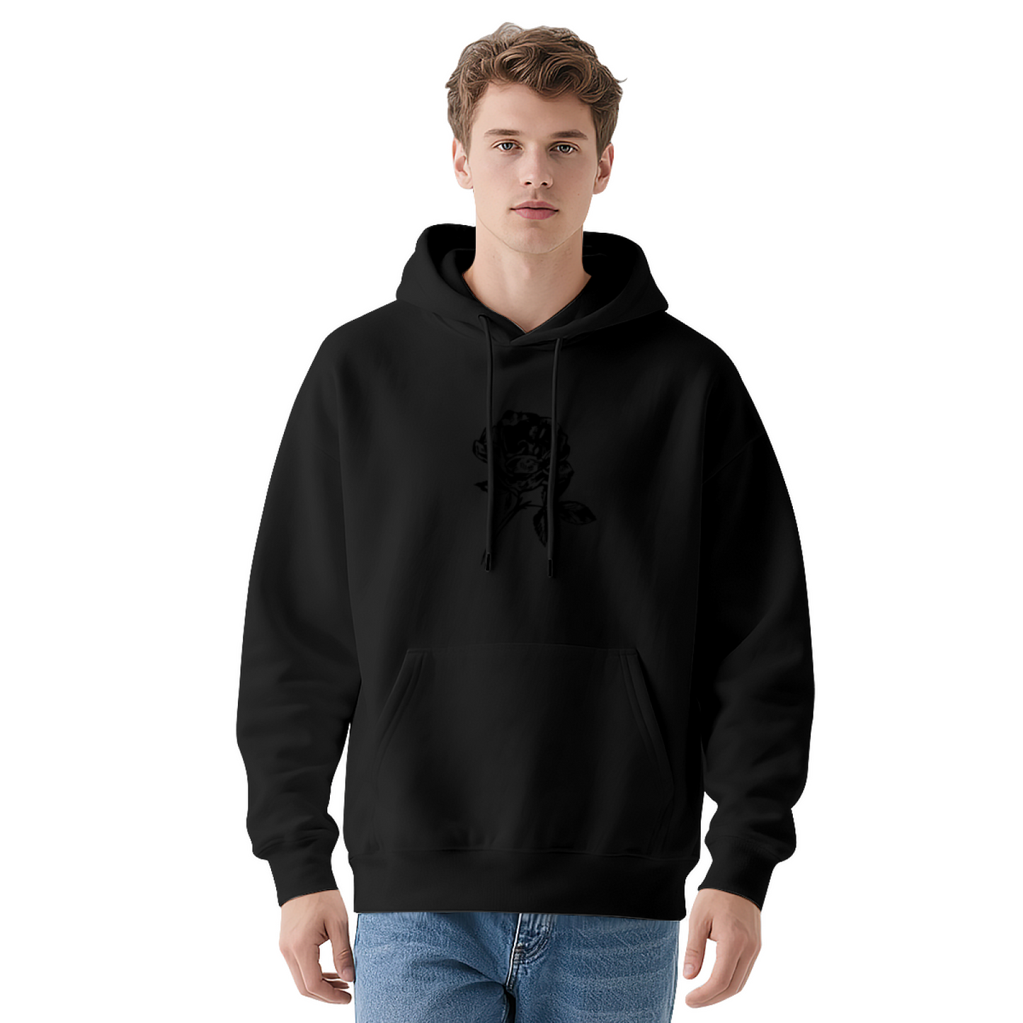 Minimal Black Sketch Rose White Hoodie, Soft Elegant Comfort Unisex Daily Hoodie