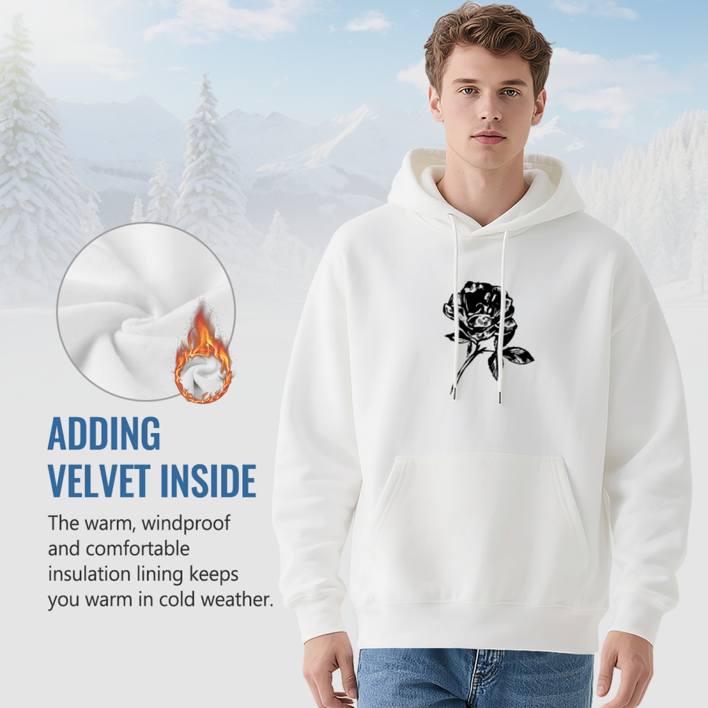 Minimal Black Sketch Rose White Hoodie, Soft Elegant Comfort Unisex Daily Hoodie