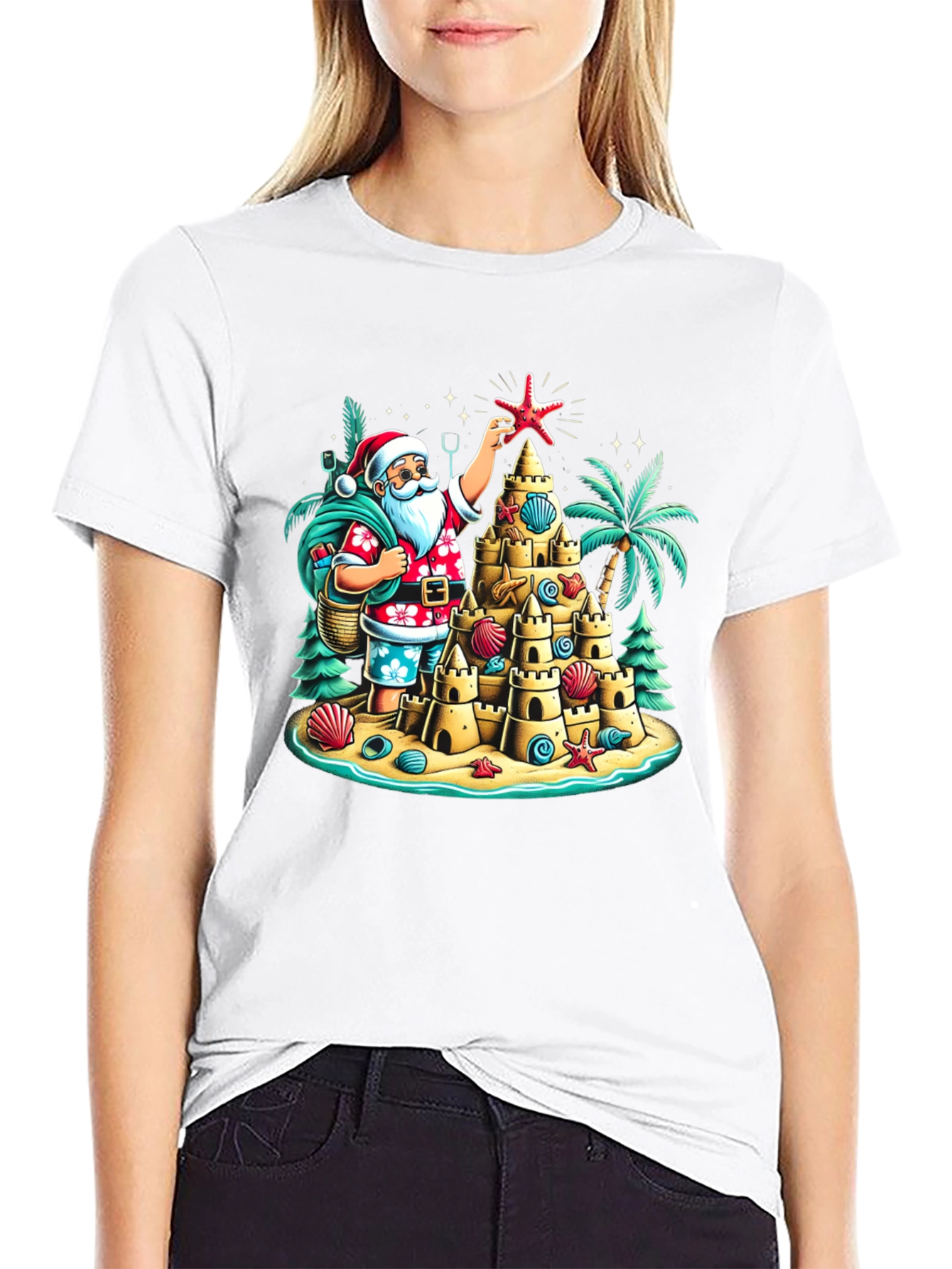 Tropical Santa Sandcastle T-Shirt Holiday Tee