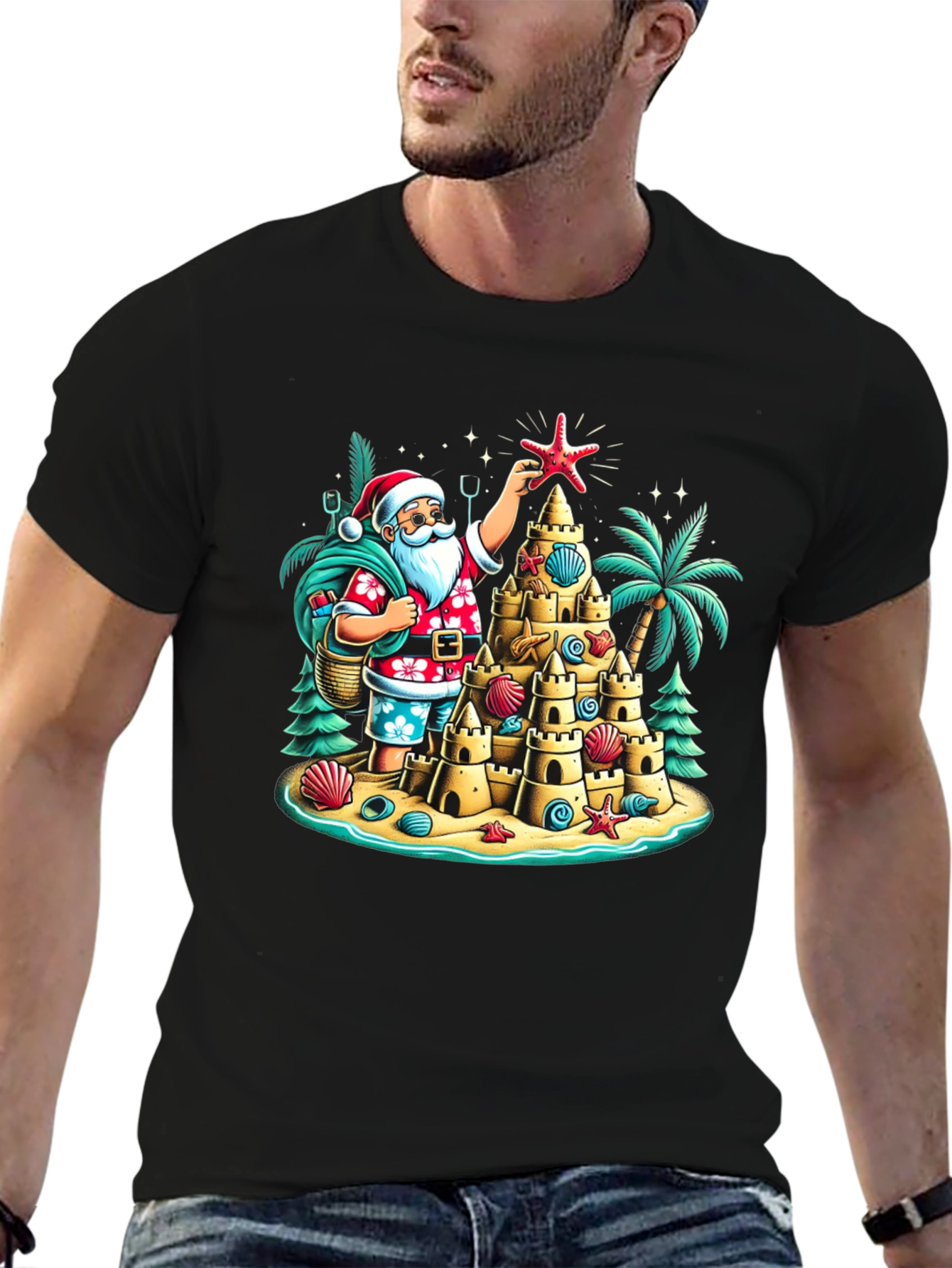 Tropical Santa Sandcastle T-Shirt Holiday Tee