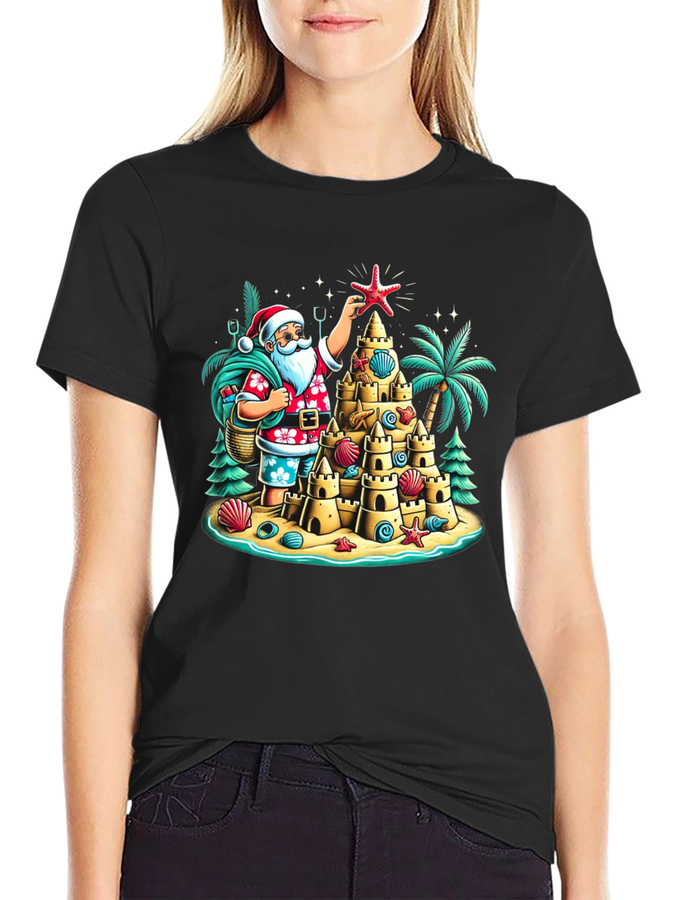 Tropical Santa Sandcastle T-Shirt Holiday Tee