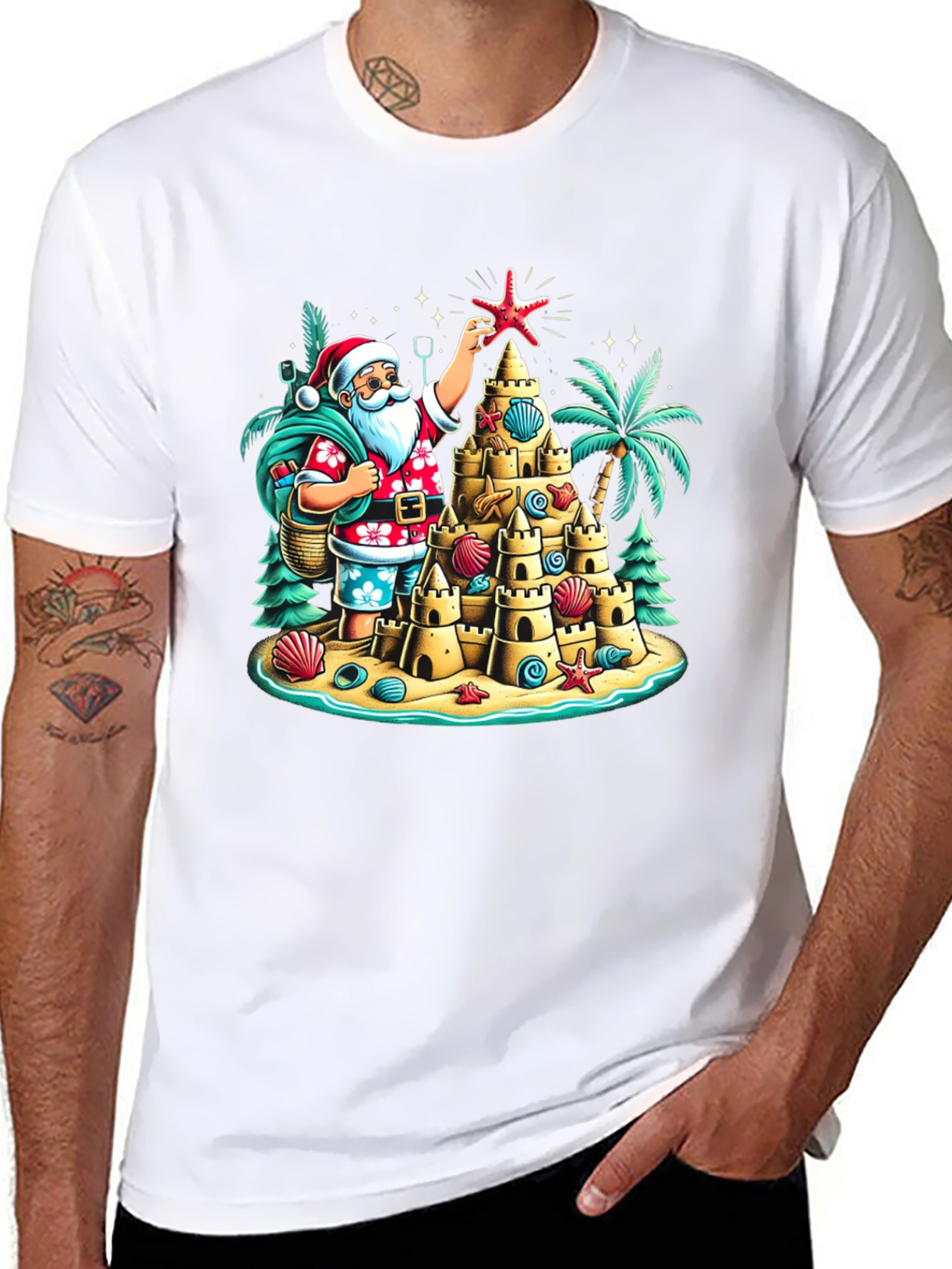 Tropical Santa Sandcastle T-Shirt Holiday Tee
