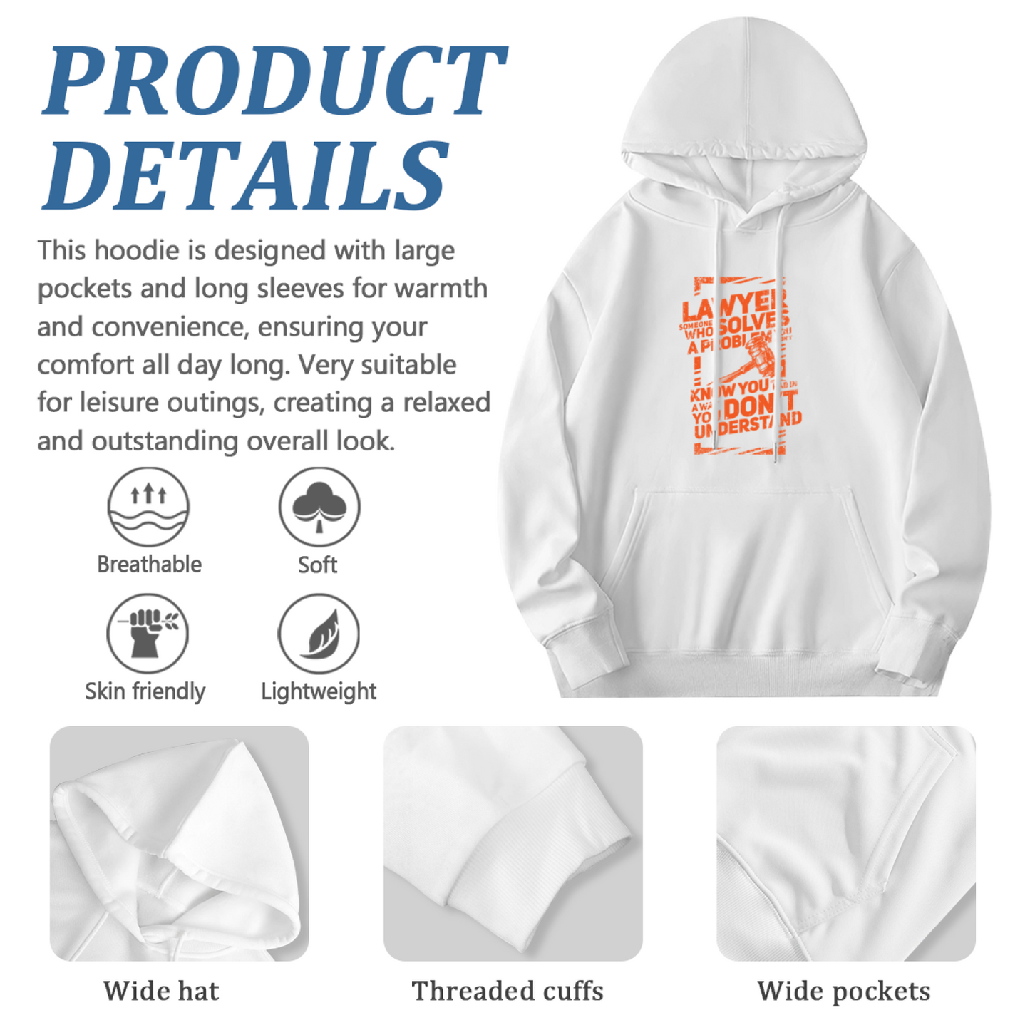 Trendy Lawyer Quote Graphic White Hoodie, Relaxed Fit Warm Daily Hooded Top