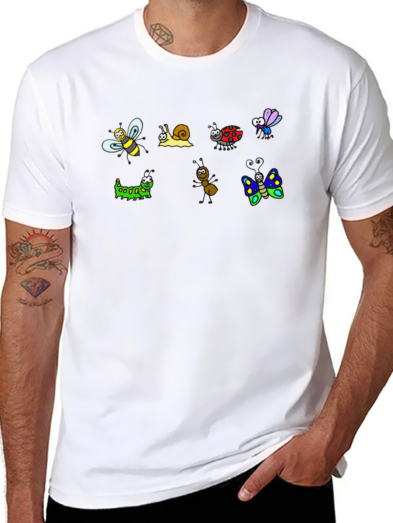 Cartoon Insects Black Cotton T-Shirt