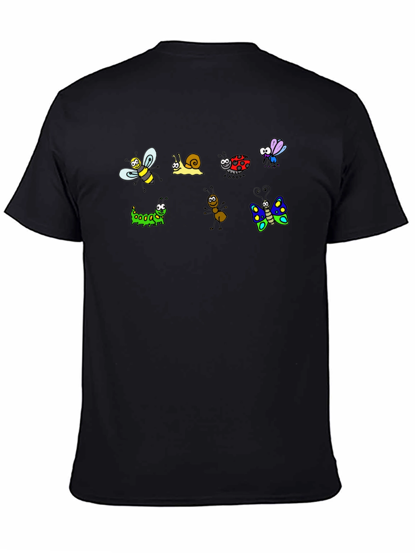 Cartoon Insects Black Cotton T-Shirt