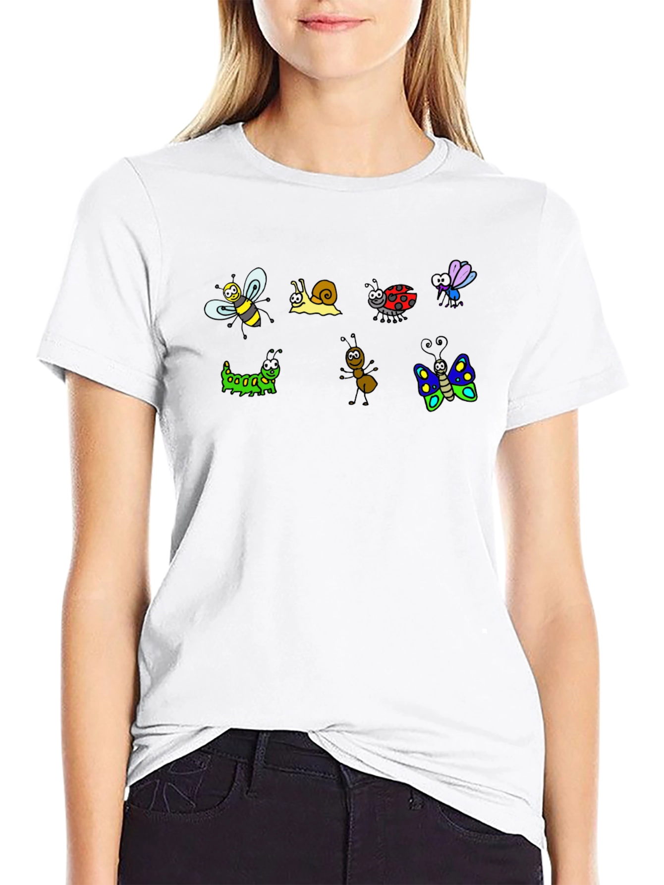 Cartoon Insects Black Cotton T-Shirt