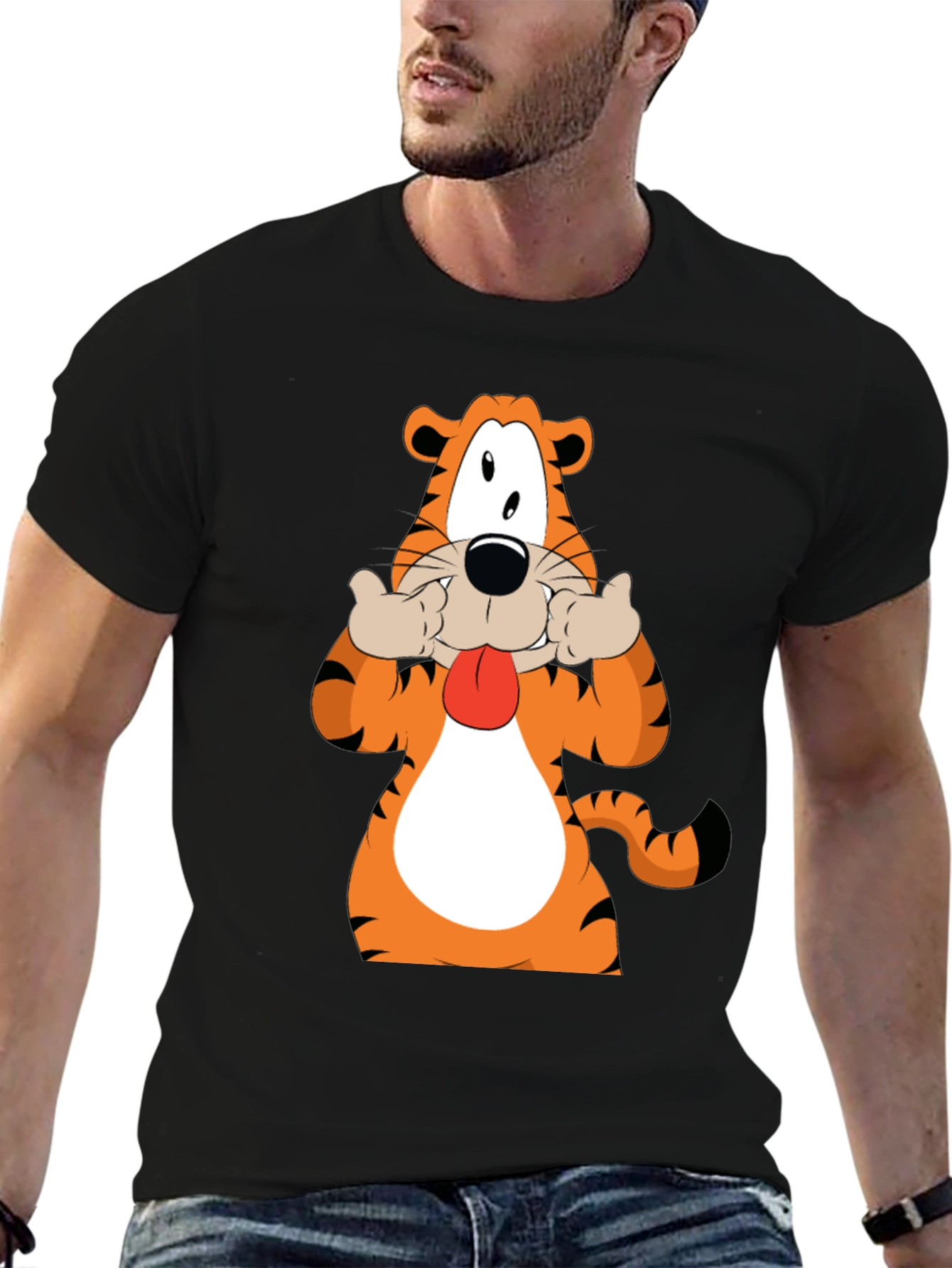 Funny Cartoon Tiger Graphic Black T-Shirt