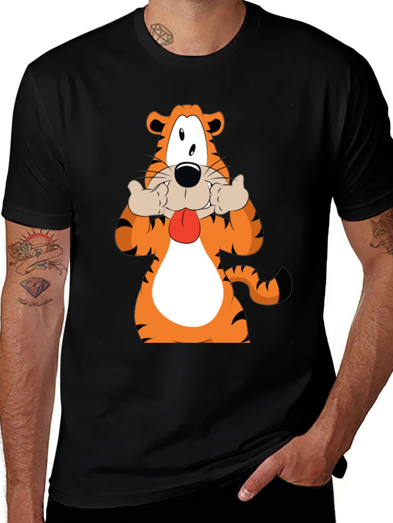 Funny Cartoon Tiger Graphic Black T-Shirt
