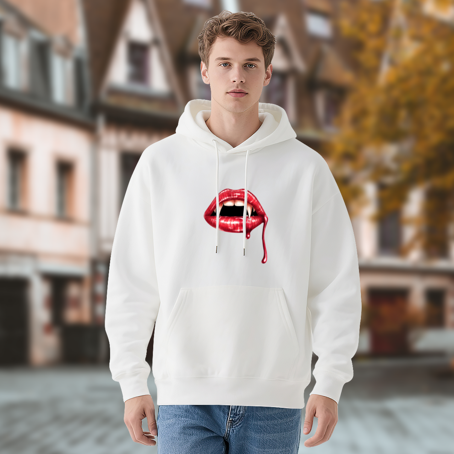 Vampire Blood Lips White Hoodie, Edgy Cozy Street Top
