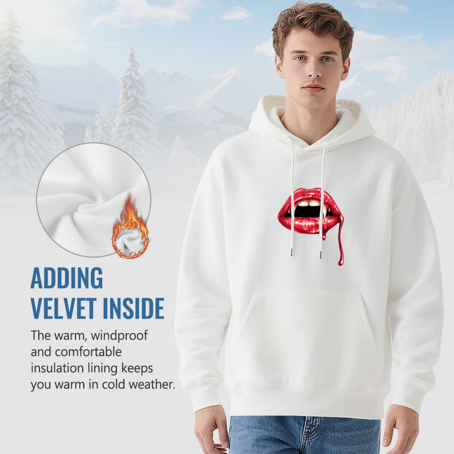 Vampire Blood Lips White Hoodie, Edgy Cozy Street Top