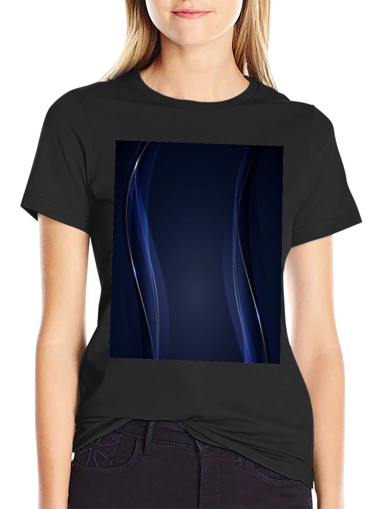 Elegant Dark Blue Abstract Wave Design Black T-Shirt