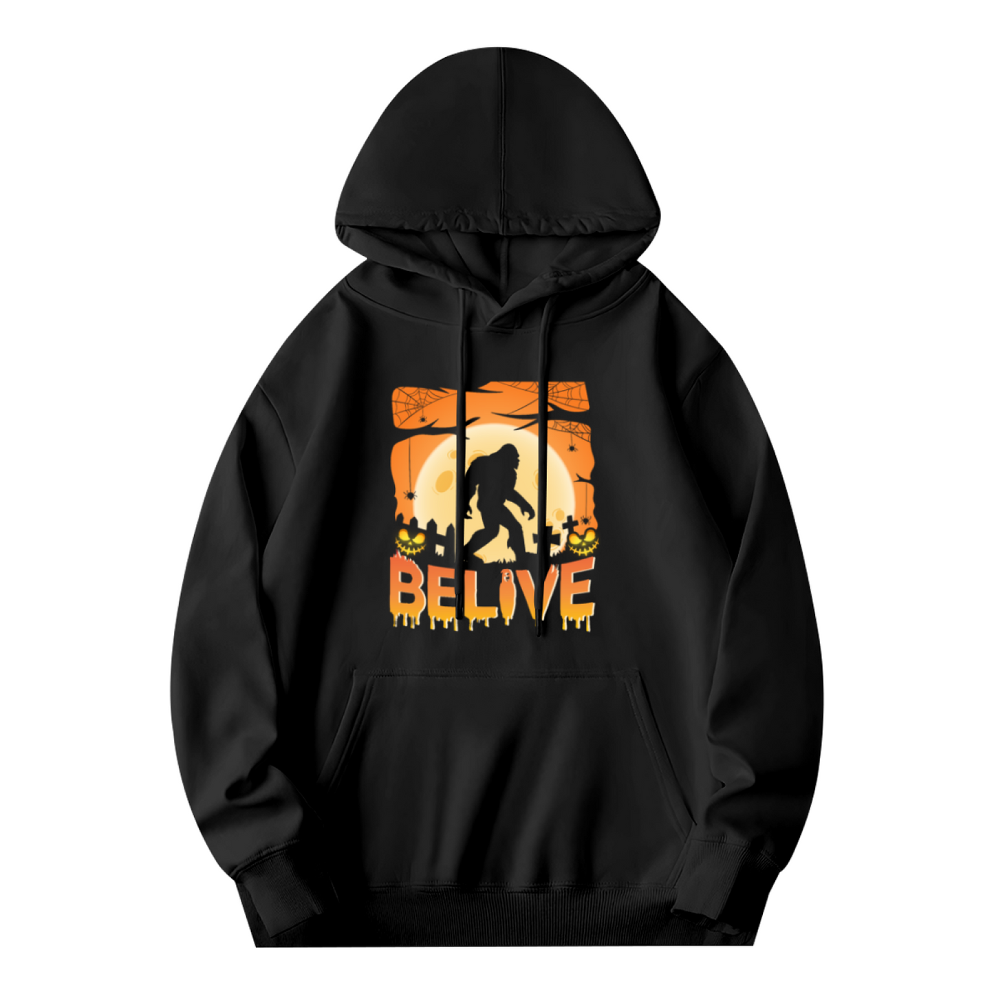 Bigfoot Halloween Graveyard BELIVE Print Black Hoodie, Relaxed Fit Horror Sweatshirt