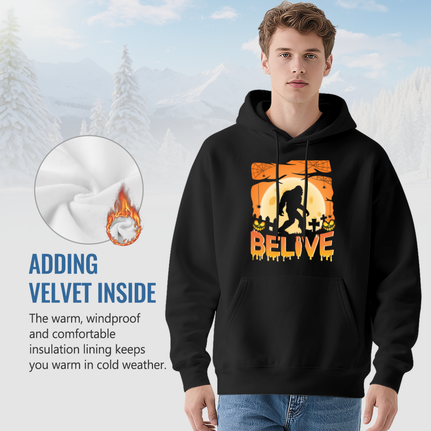 Bigfoot Halloween Graveyard BELIVE Print Black Hoodie, Relaxed Fit Horror Sweatshirt