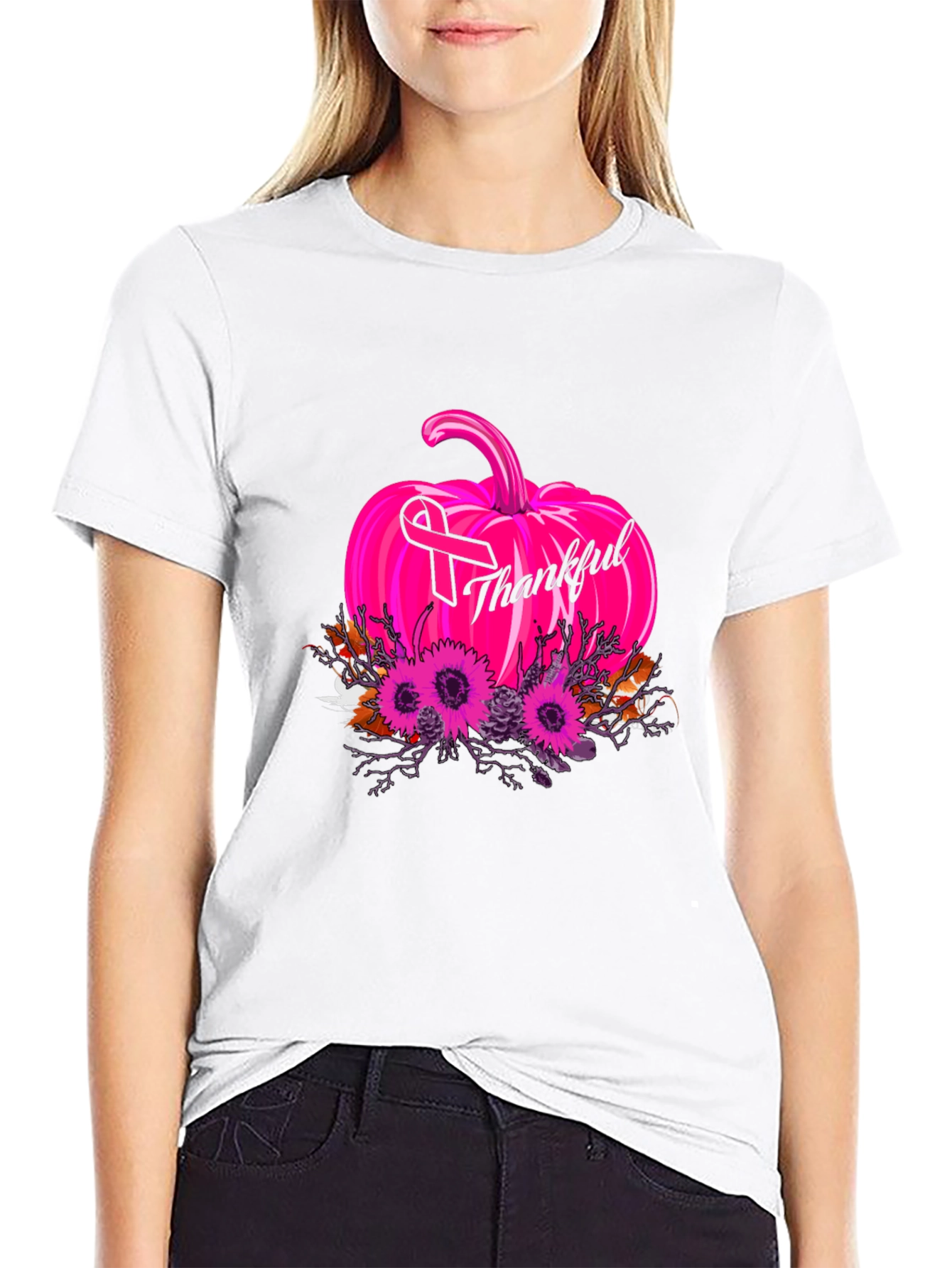 Thankful Pumpkin Breast Cancer Awareness T-Shirt