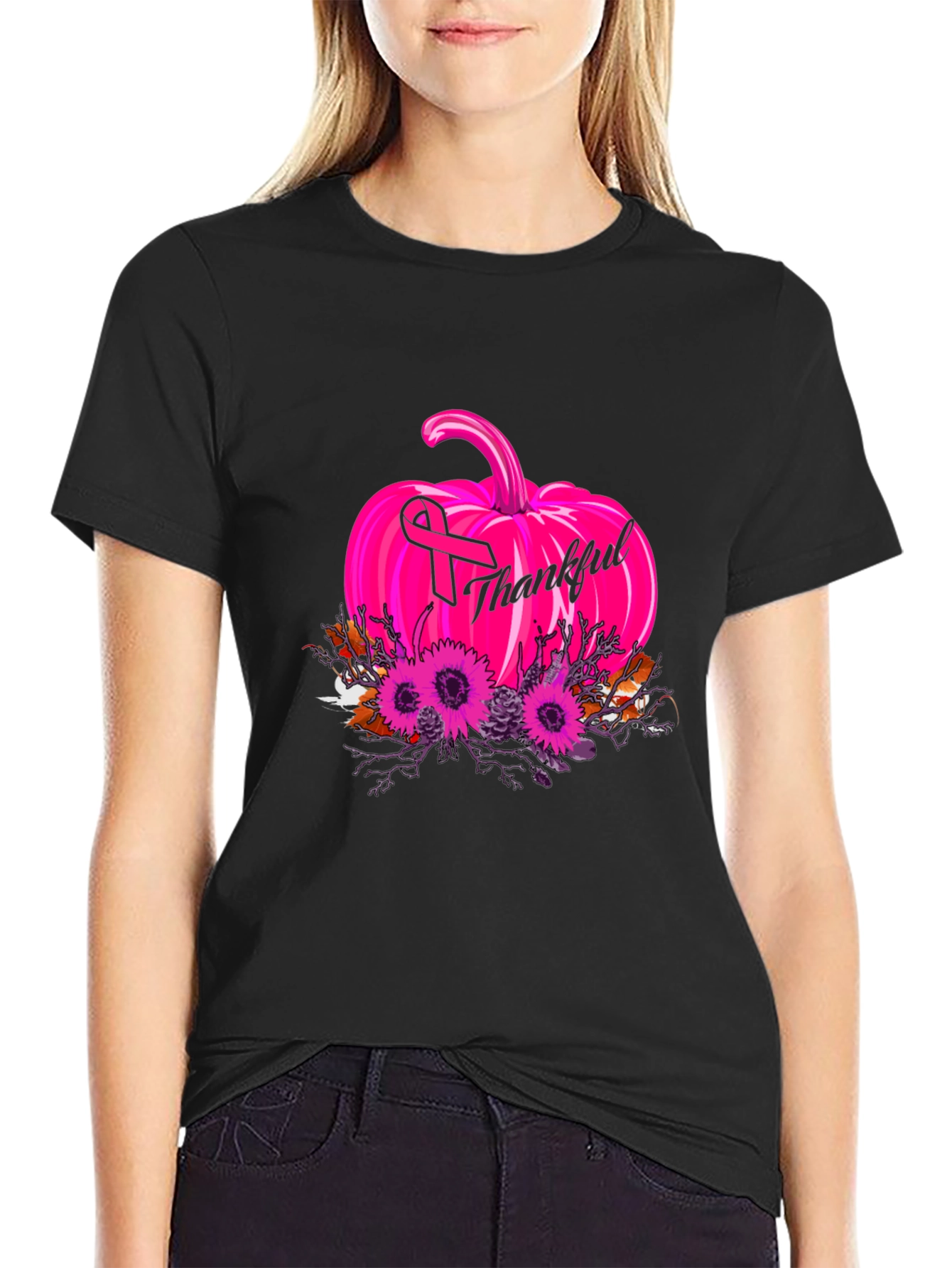 Thankful Pumpkin Breast Cancer Awareness T-Shirt