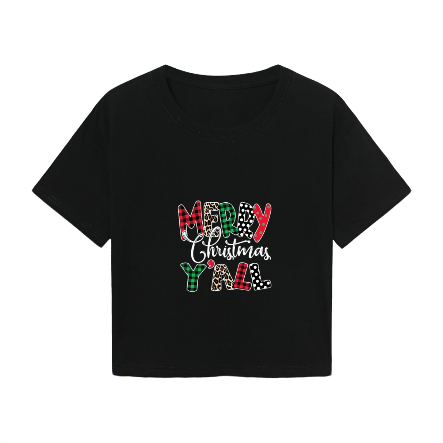 Merry Christmas Y¡¯all Leopard Plaid Letter Crop Tee