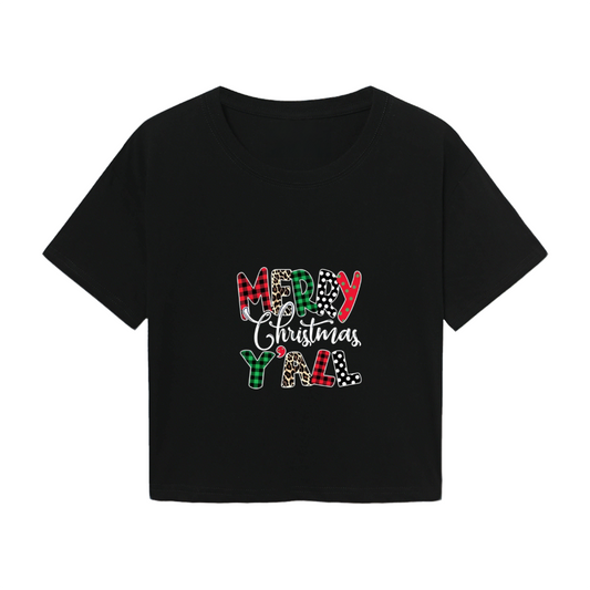 Merry Christmas Y¡¯all Leopard Plaid Letter Crop Tee