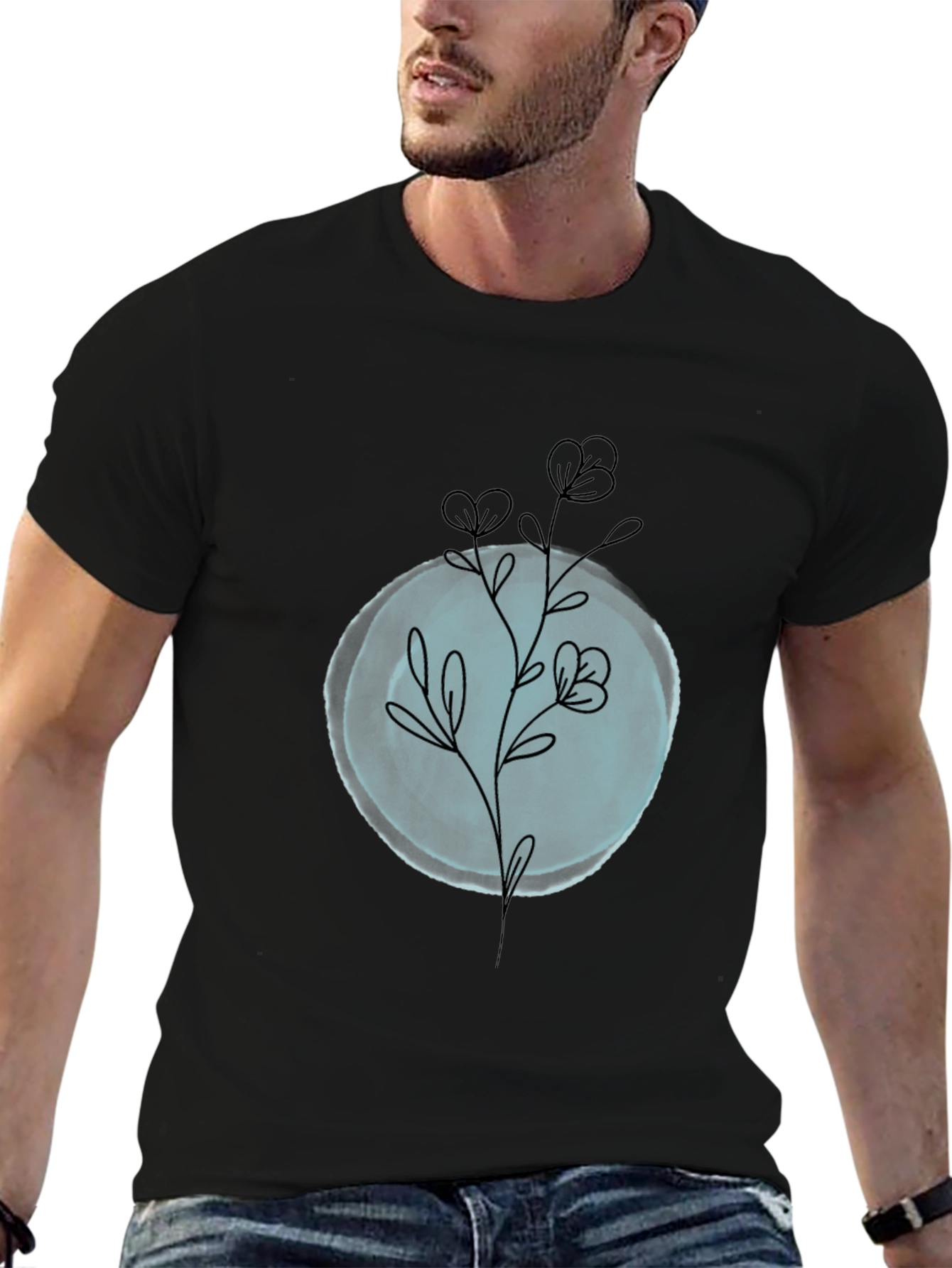 Black T-Shirt with Minimalist Floral Design