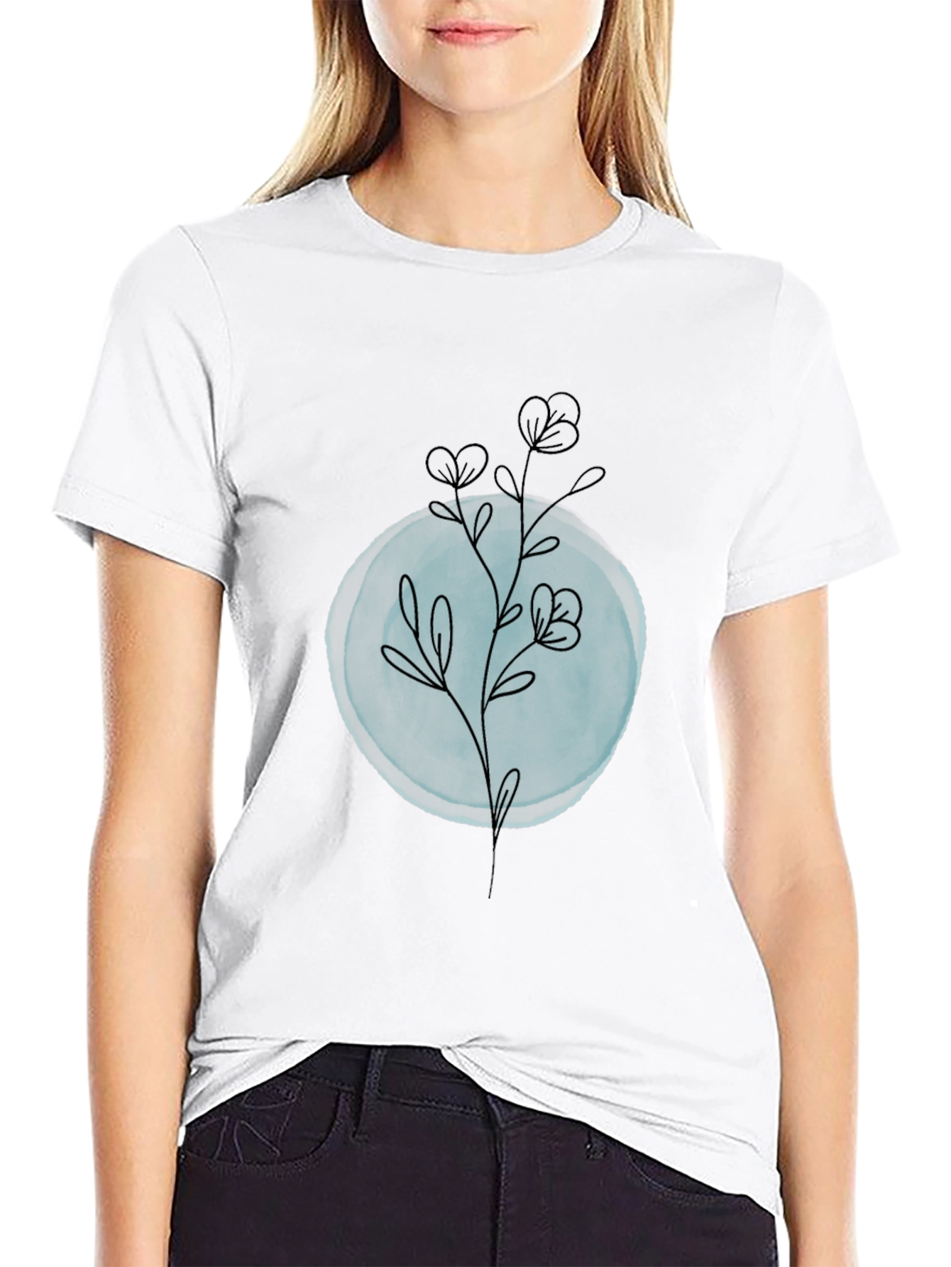 Black T-Shirt with Minimalist Floral Design