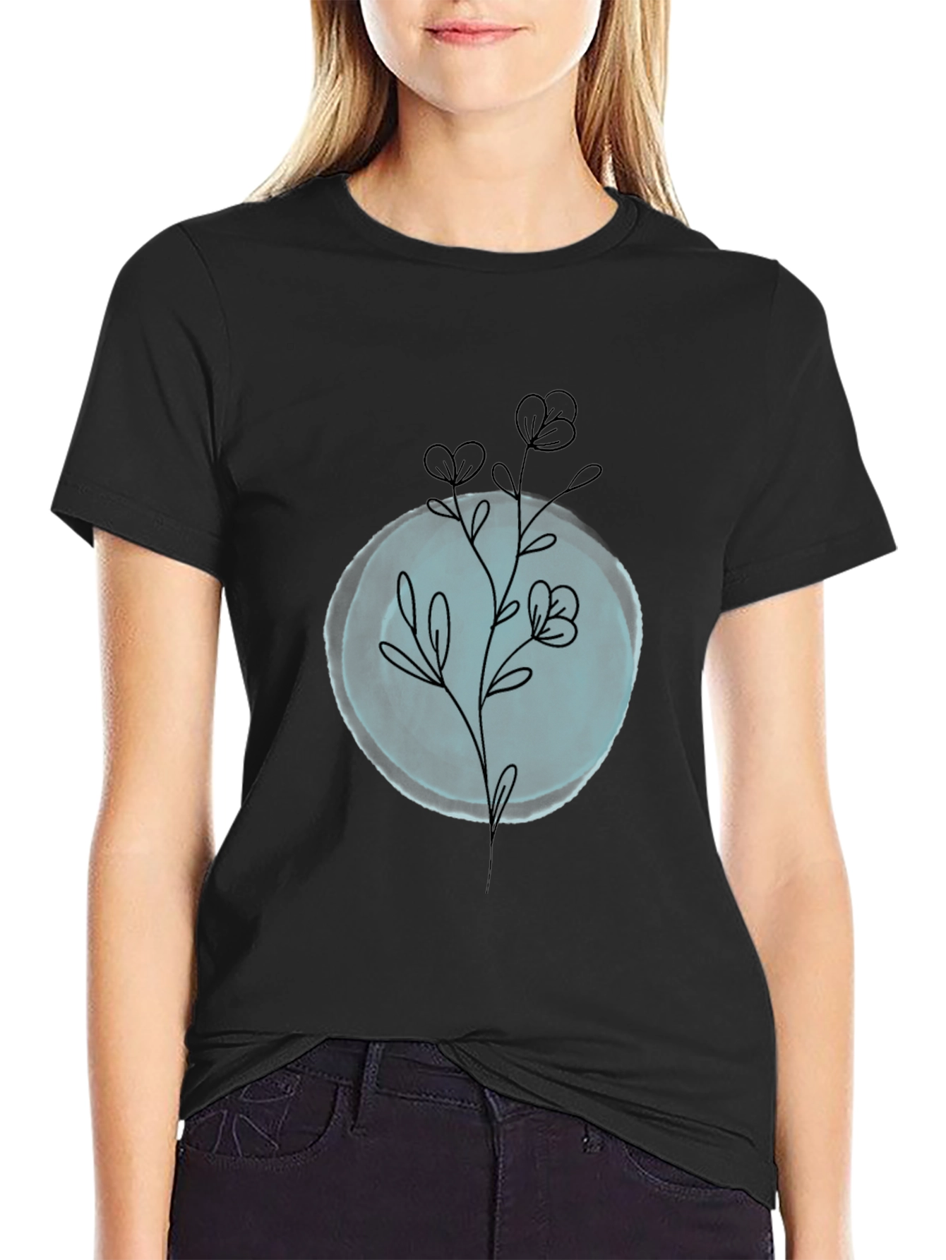Black T-Shirt with Minimalist Floral Design