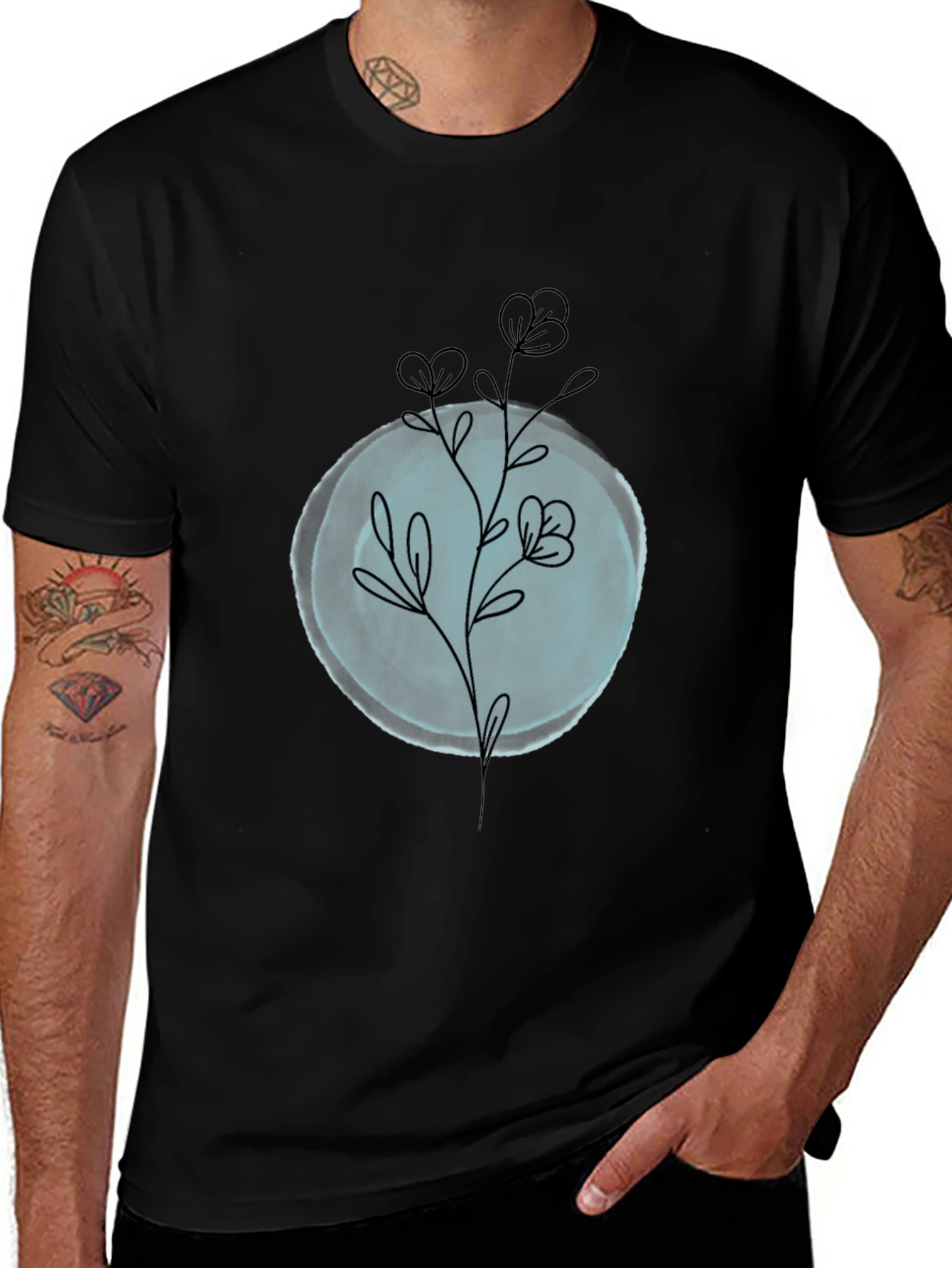 Black T-Shirt with Minimalist Floral Design