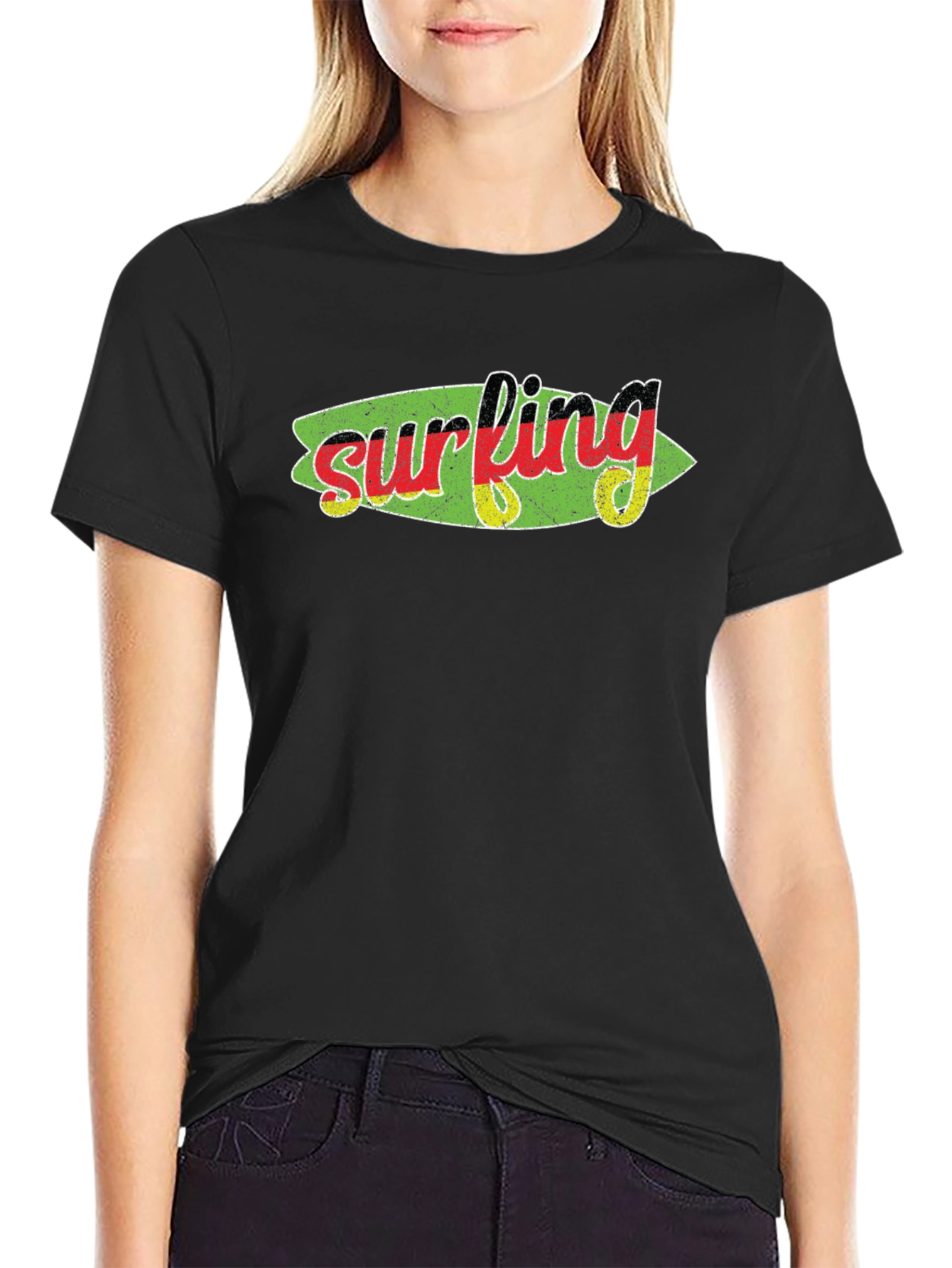 Surfing Germany Flag Surfboard Graphic Black Tee