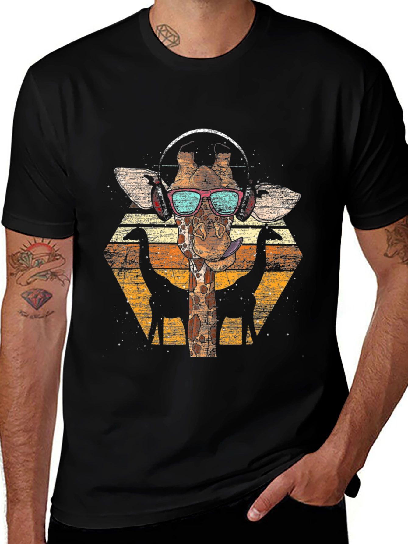 Giraffe Headphones T-Shirt - Retro Style