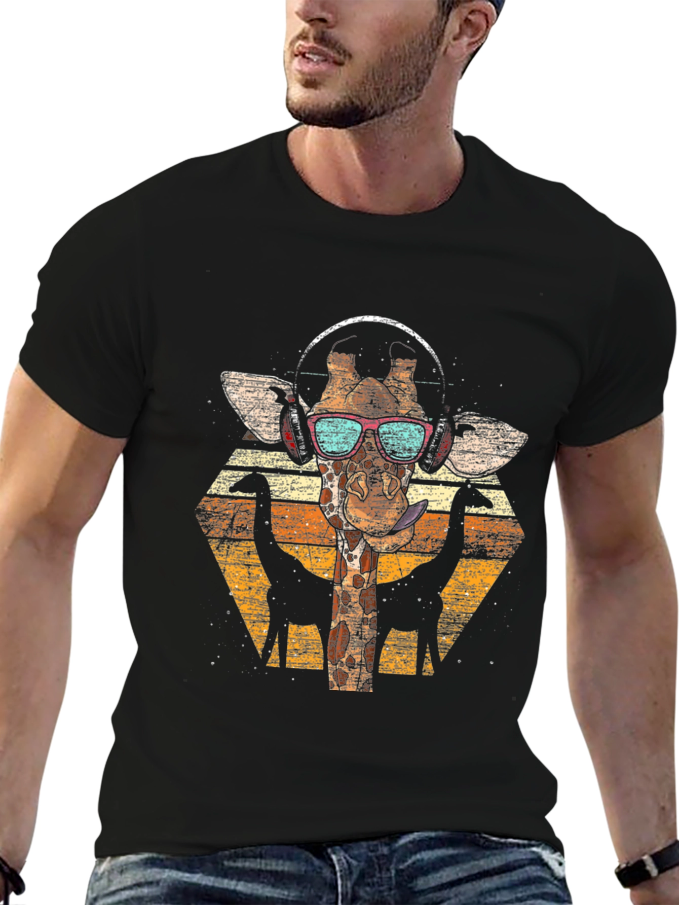 Giraffe Headphones T-Shirt - Retro Style