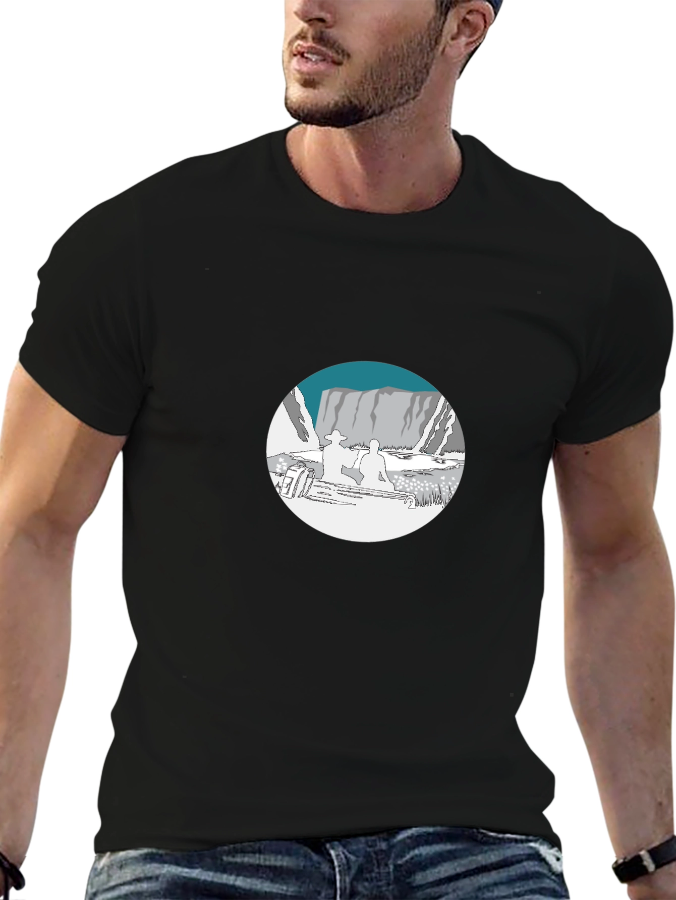 Black Graphic Tee - Mountain Scene Print