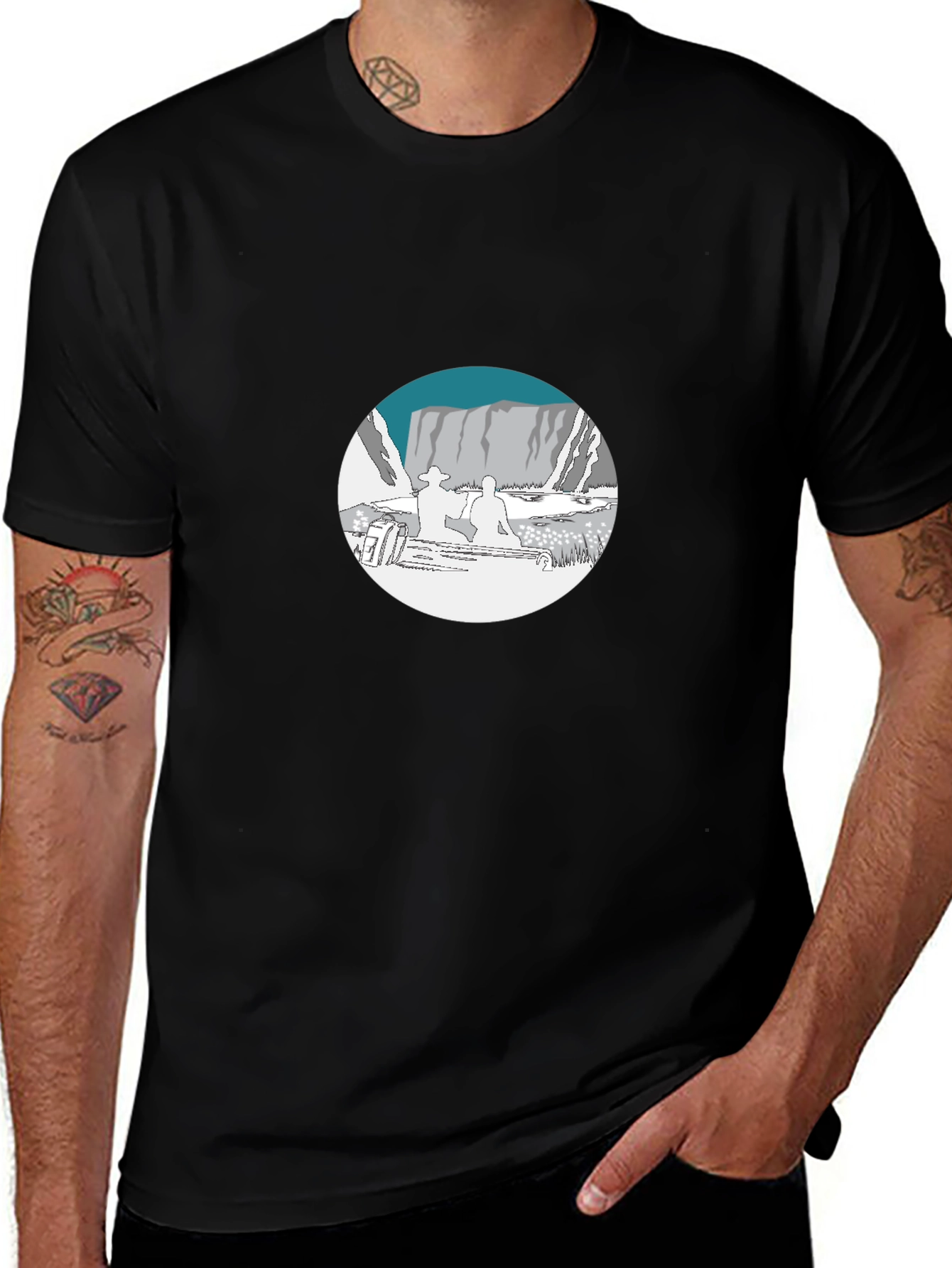 Black Graphic Tee - Mountain Scene Print