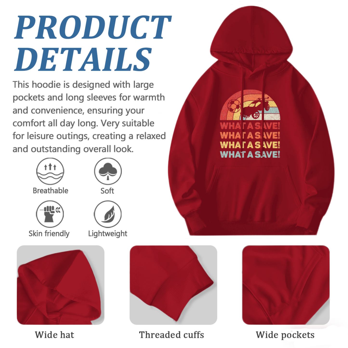 Retro What A Save Rocket Game Vintage Print Soft Hoodie, Unisex Casual Top